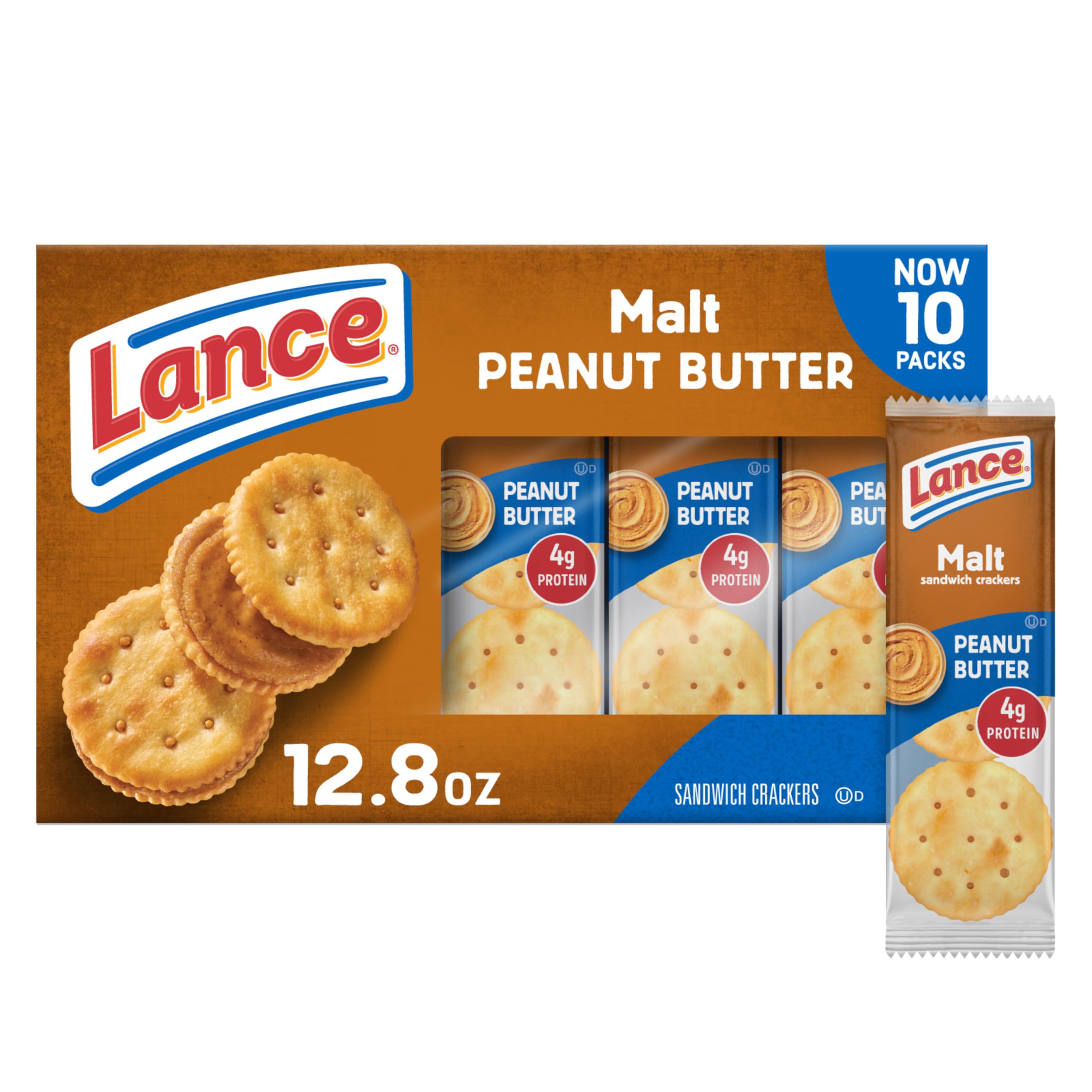 Lance Sandwich Crackers, Malt with Peanut Butter, 10 Individually Wrapped Packs, 6 Sandwiches Each