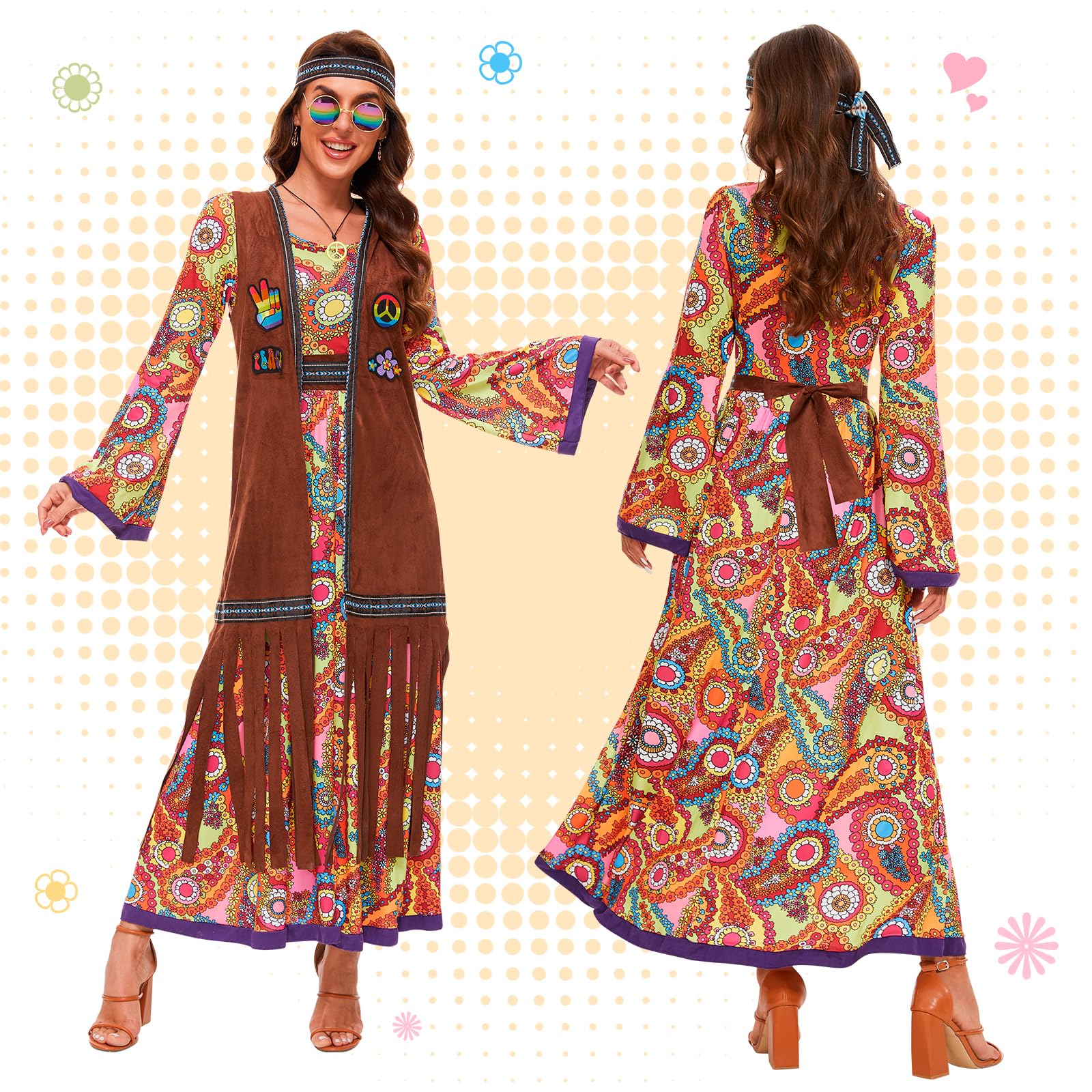JONRRYIN Disfraz Hippie Mujer, Ropa De Los 70 Mujeres, 6 Piezas de Disfraz Hippie de los Años 60 para Mujer, Chaleco con Flecos, Pendientes, Diadema, Collar, Gafas de Sol