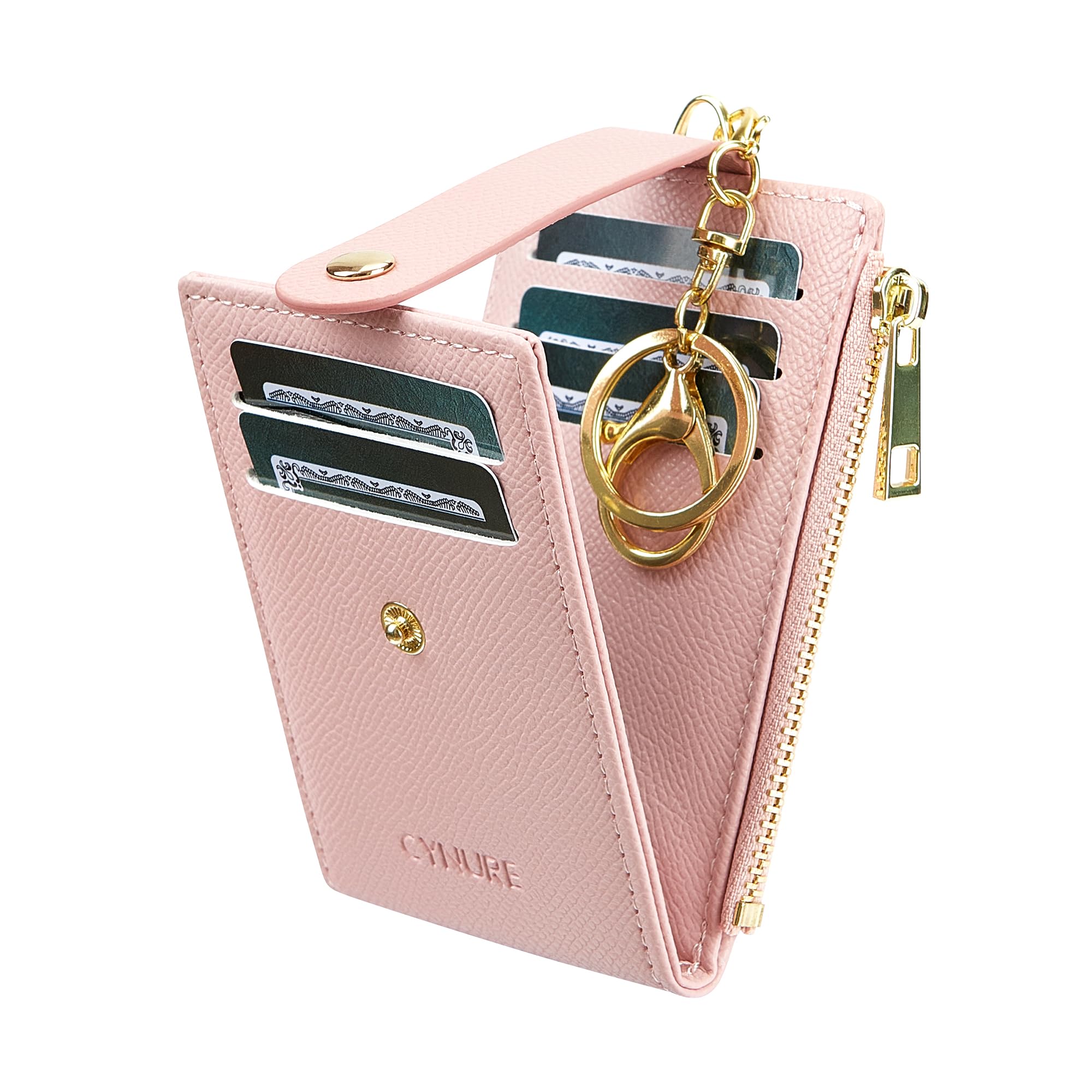 Kobiety i mężczyźni skórzane etui na karty blokujące RFID wąski mały zamek błyskawiczny brelok przednia kieszeń portfel z 2 okienkami na dowód osobisty, różowy, Jeden rozmiar, Minimalistyczny