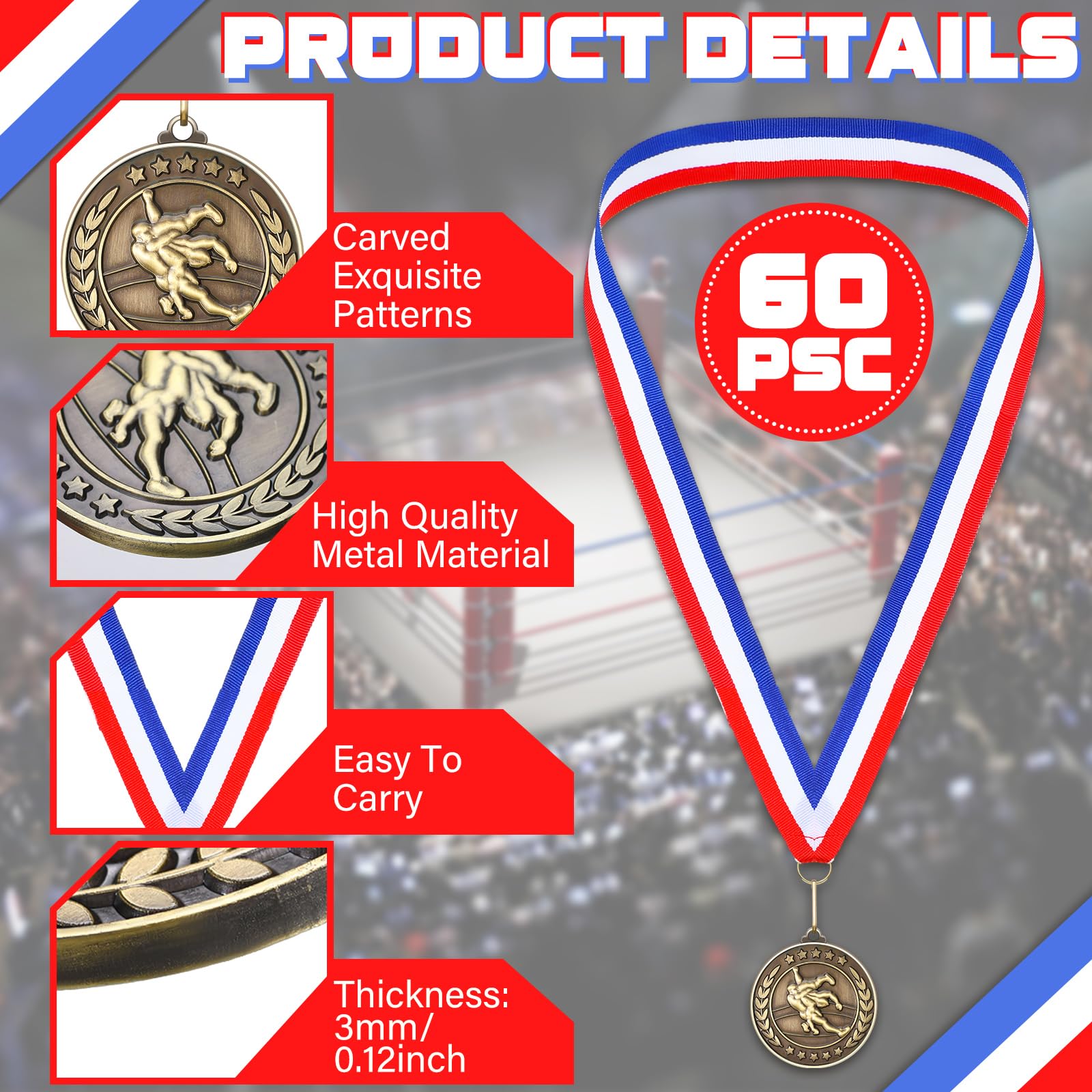 Remuuly 60 medallas de premio a granel de 2 pulgadas, ganador del trofeo de oro de metal, primer lugar con cintas para el cuello, premio regalo para torneos, partidos, equipos de competición