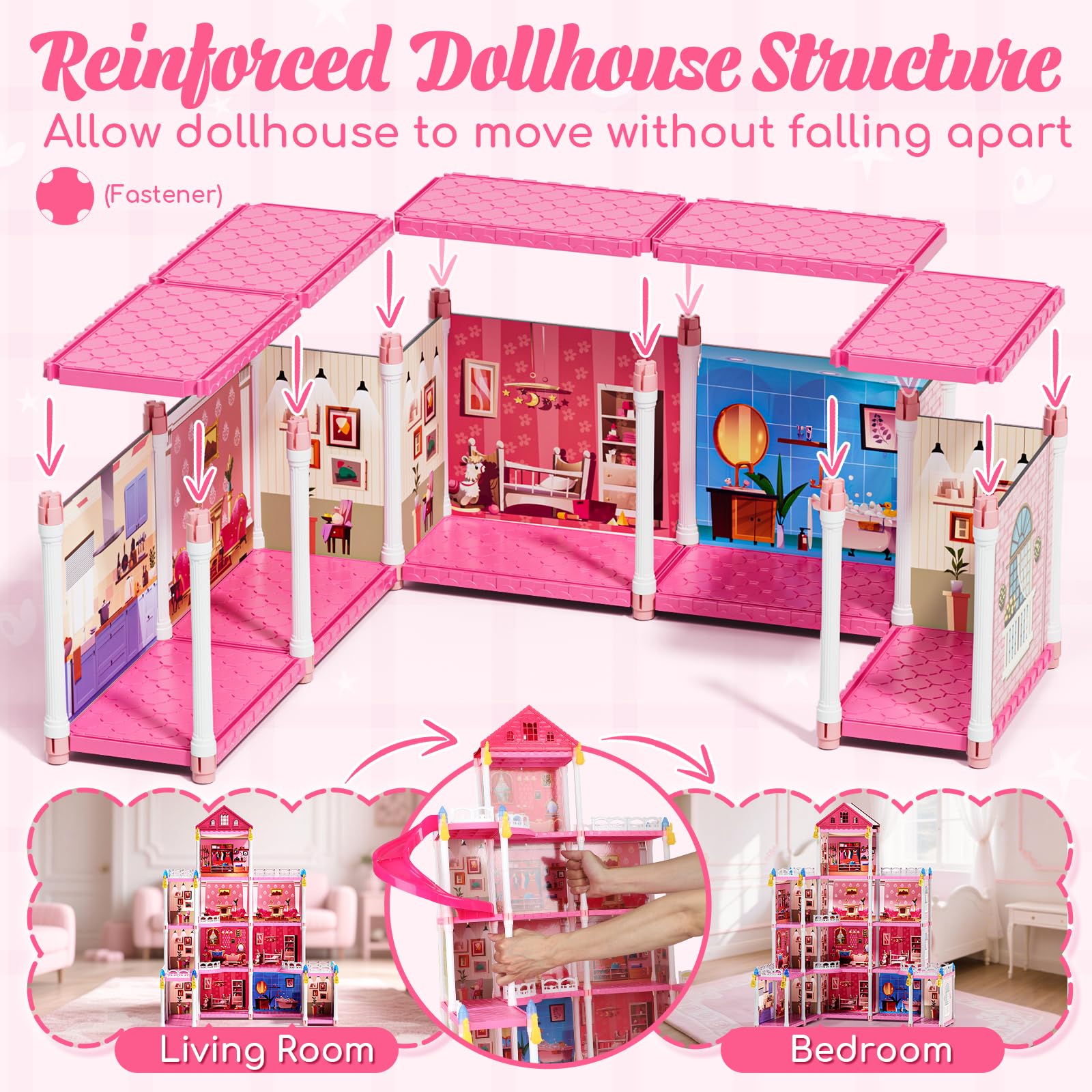Lehoo Castle Doll House Dreamhome, 4-Story 12 Rooms Dollhouse Playhouse with Doll and Furniture, Pretend Dream Dollhouse Playset Pink Girl Toys, Sturdy Construction, Easy to Move, Ideal Gift Toy