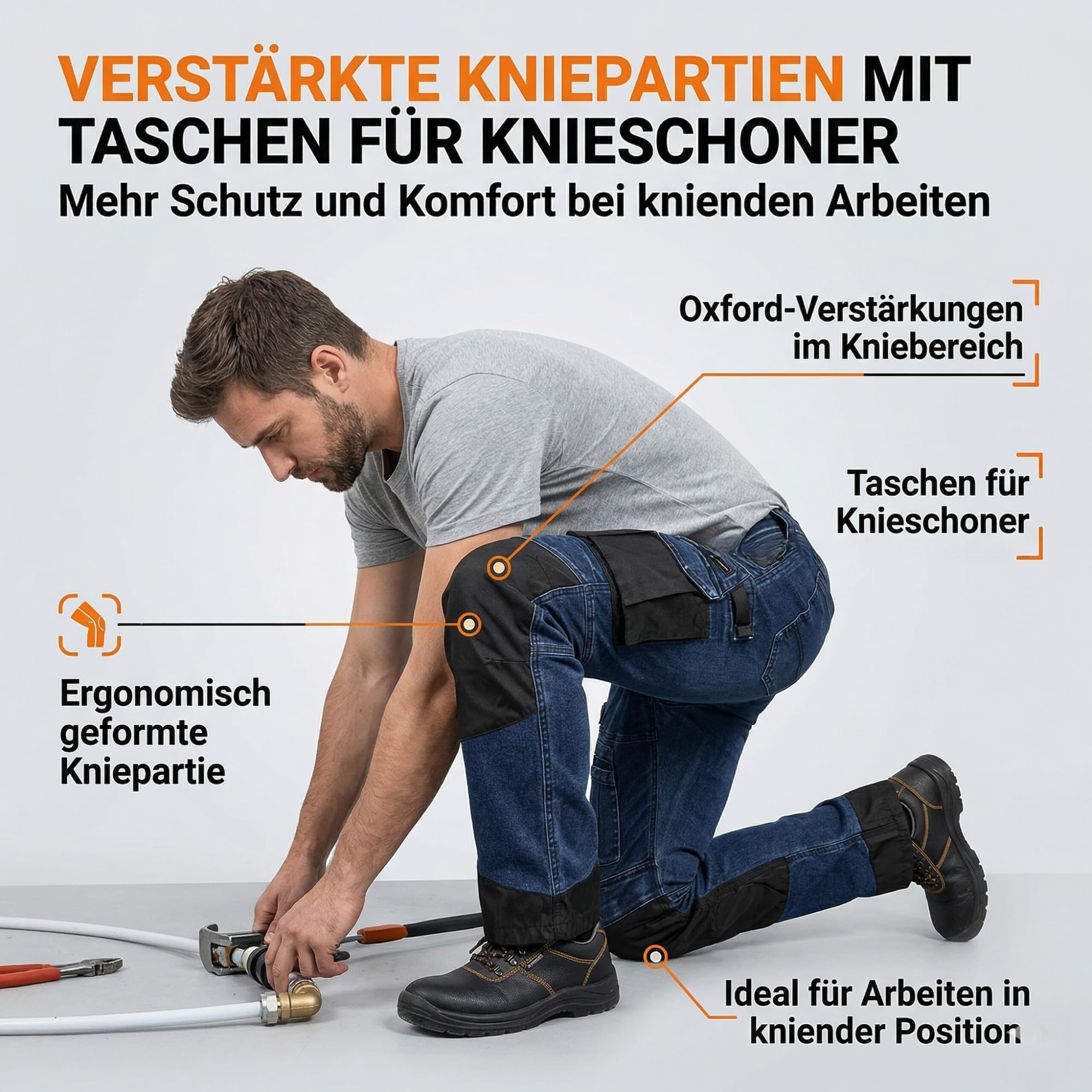 NEO TOOLS Robuste Jeans Arbeitshose, Strapazierfähige Bundhose für Herren | Aus Denim, 400 g/m² mit Kniepolstertaschen, Oxford-Verstärkungen & Stretch-Anteil