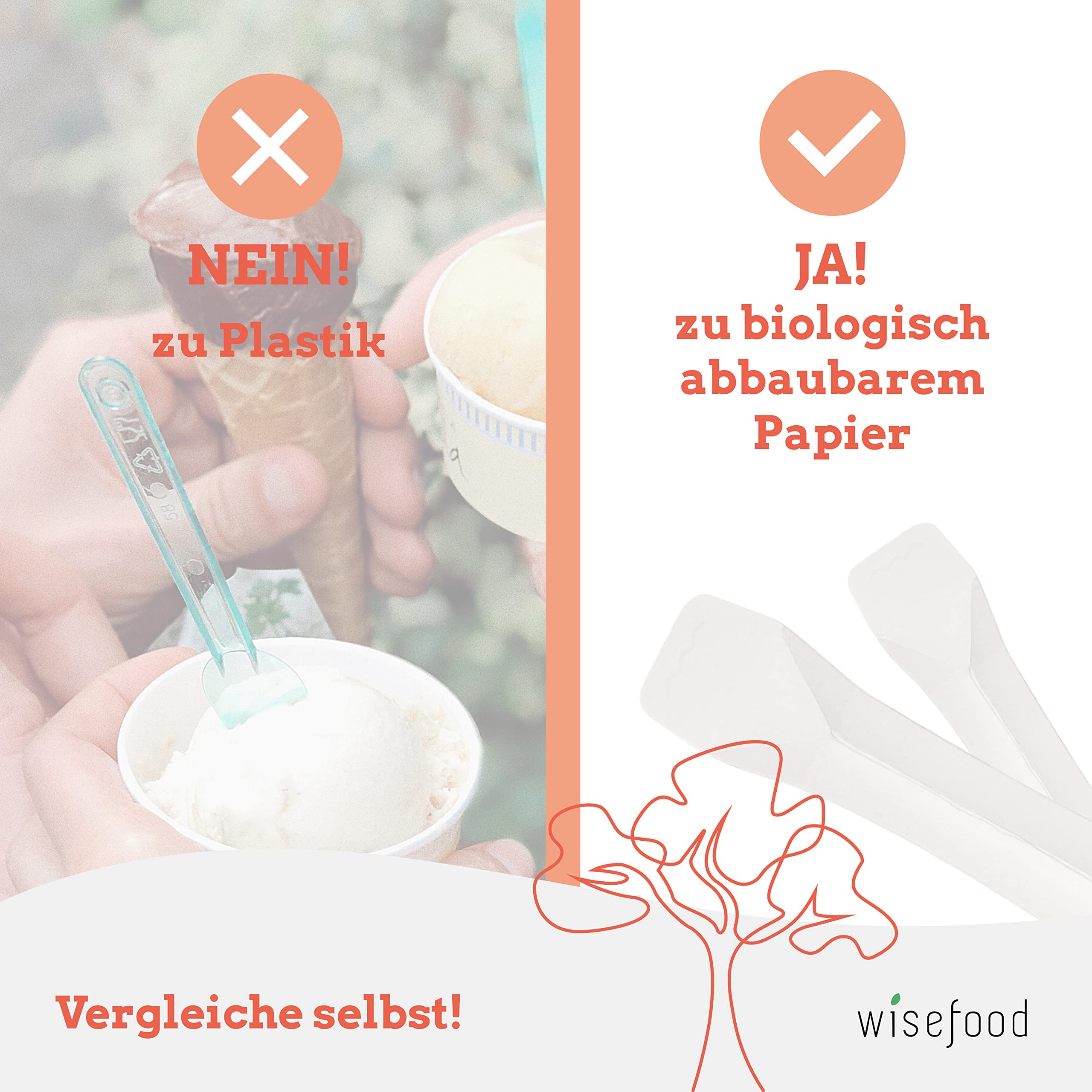 wisefood Cucharas de hielo de papel, 4500 unidades, 9,4 cm, pala desechable reciclable, cuchara de fiesta, ideal como cuchara de postre para helados y aperitivos