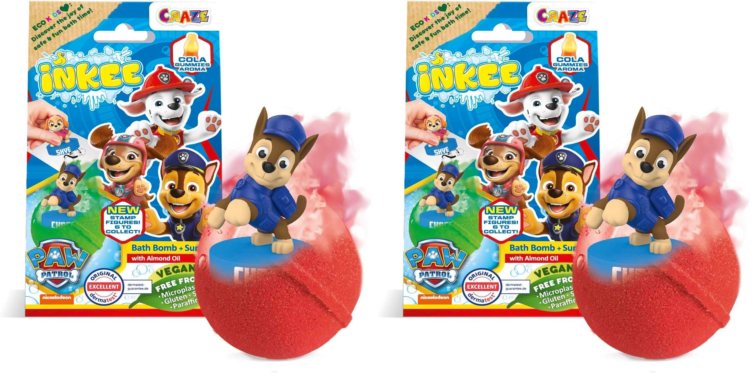 INKEE SURPRISE PAW PATROL, Badebombe Kinder mit Überraschung, Badekugel 80g mit Paw Patrol Stempel, Cola-Gummi Duft, Schaum-Effekt (Packung mit 2)