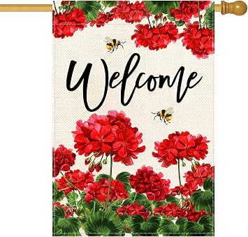Baccessor Spring Summer Geranium Welcome House Flag Double Sided Summer Bee Red Floral Burlap Yard Flag House Seasonal Farmhouse Outside Outdoor Decoration 28 x 40 Inchlarge