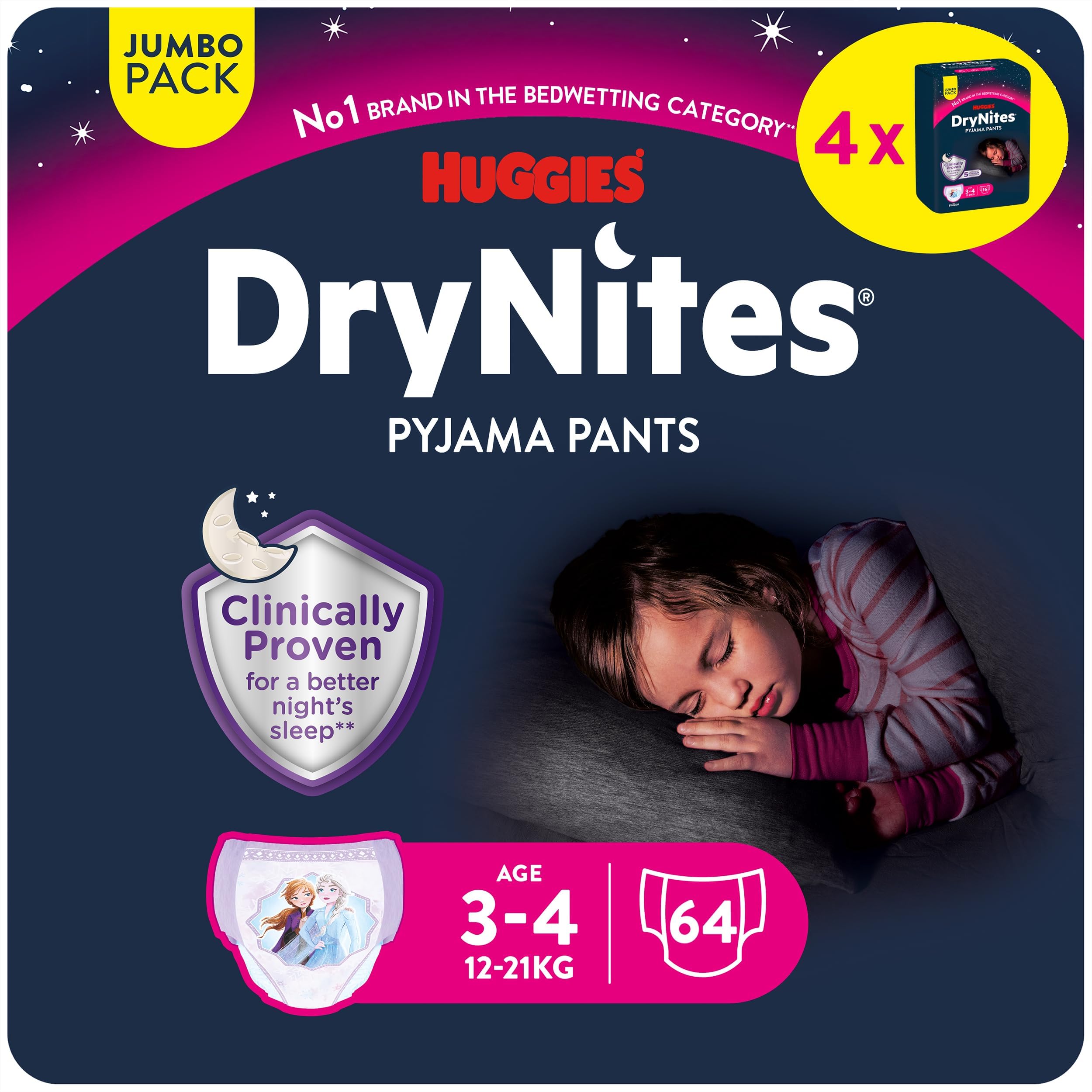 Huggies DryNites hochabsorbierende Nachtwindeln bei Bettnässen, für Mädchen 3-4 Jahre (12-21 kg), 4 x 16 Stück (insg. 64 Stück), Monatspackung Windel-Pants