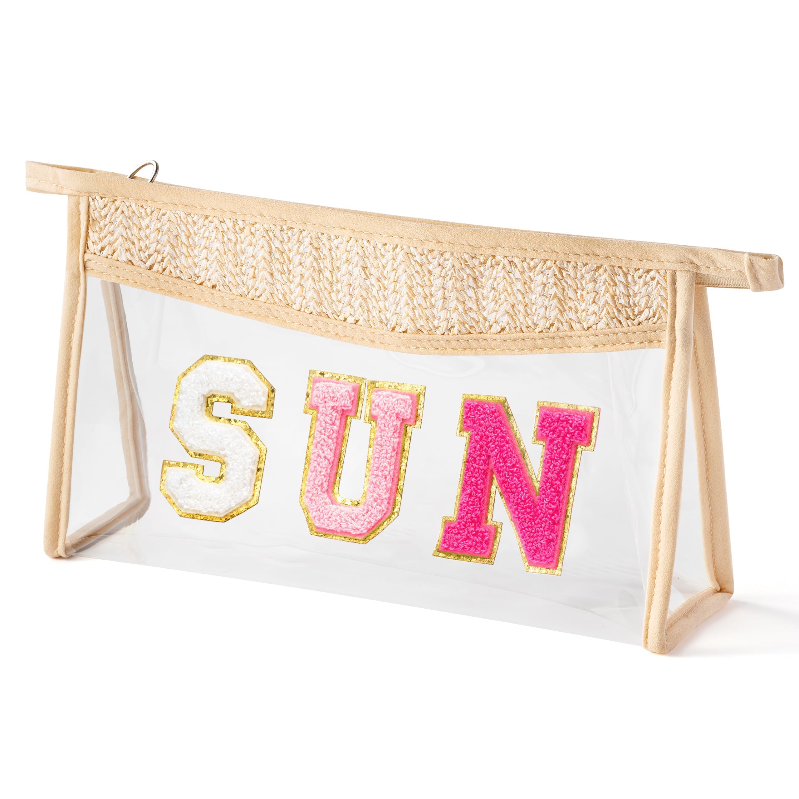 Belanttega Boho Patch Cosmetic Bag - SUN Rose Red Chenille Varsity Letter Clear Toiletry Kit Waterproof Portable Makeup Bag PVC Purse Travel Pouch