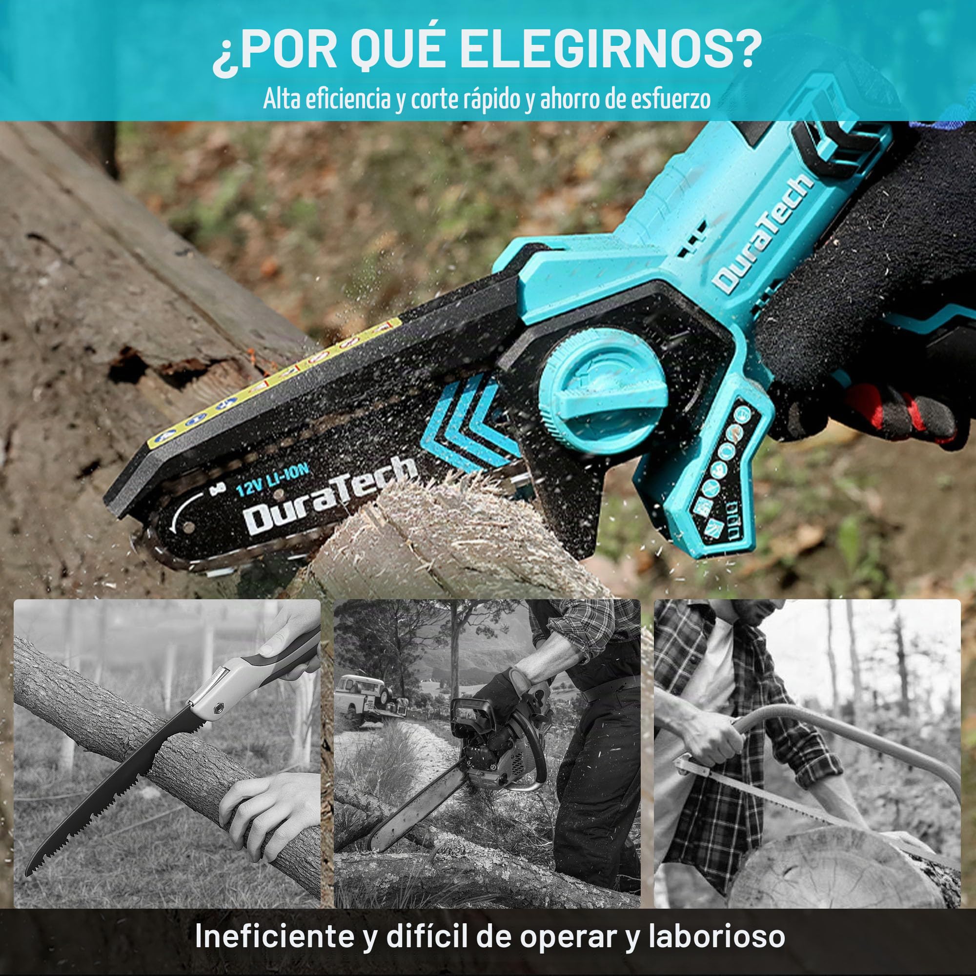 DURATECH Mini Motosierra Inalámbrica 12V con 2 Baterías y Cargador | Motosierra Eléctrica Sin Cable con Bloqueo de Seguridad para Cortar Árboles, Ramas y Arbustos en Jardinería