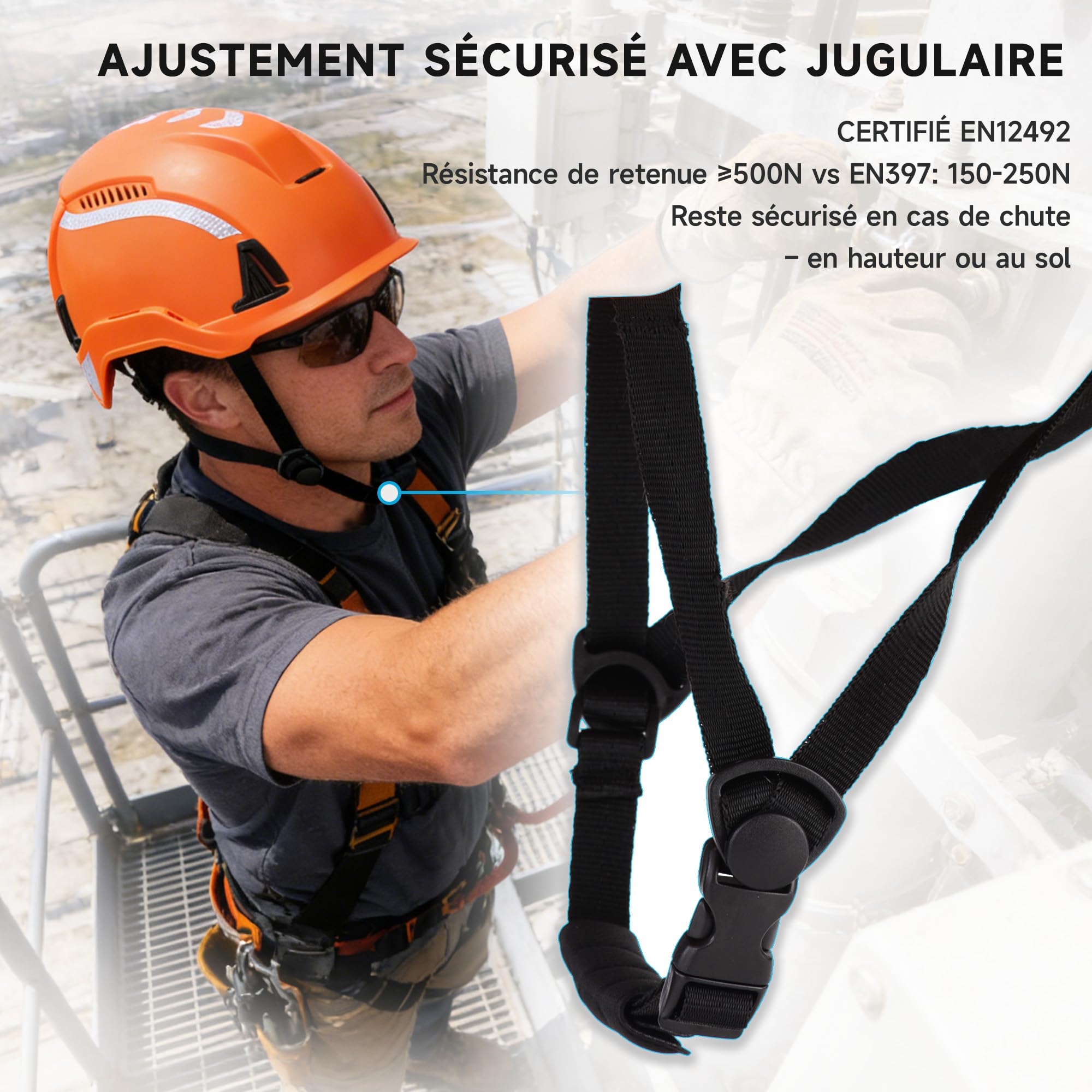 SAFEYEAR Casque de sécurité de type 2, casque de chantier et d'escalade EN397 & EN12492, casque de travail avec mentonnière, ventilation, bandes réfléchissantes et bouton rotatif de 53 à 64 cm, casque
