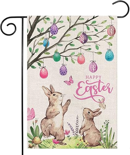 Bandera de jardín de conejo de Pascua feliz para exteriores, de 12 x 18 pulgadas, doble cara, bandera de jardín pequeña de conejo, decoración de