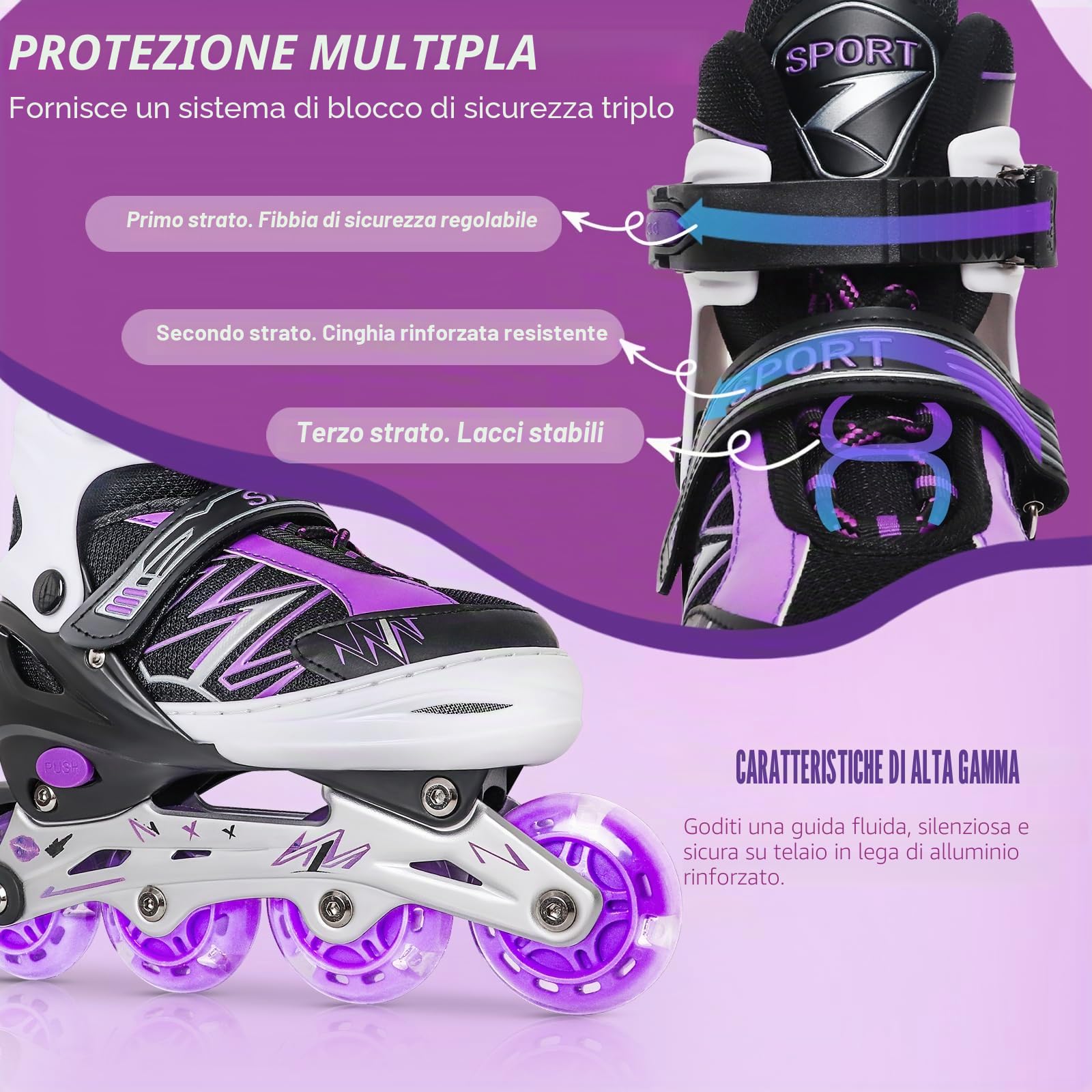 Pattini in linea regolabili per bambini ragazze ragazzi principianti, Pattini a rotelle rosso e viola per bambino e adolescente per lo sport