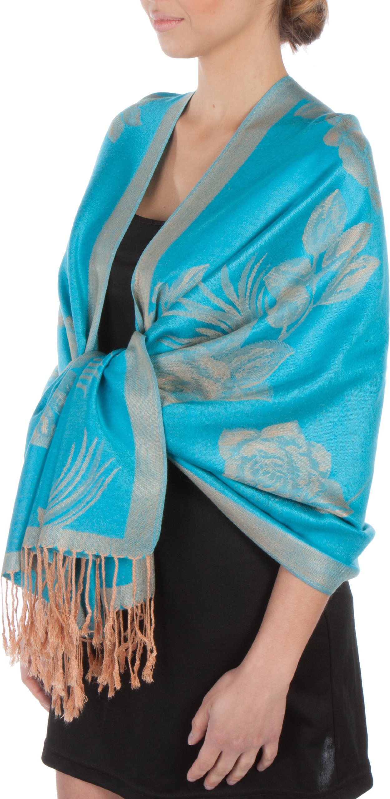 Sakkas Women's Turquoise / Beige Two Tone Floral Rose Reversible Pashmina Scarf Shawl Wrap Stole For - Turquoise/Beige