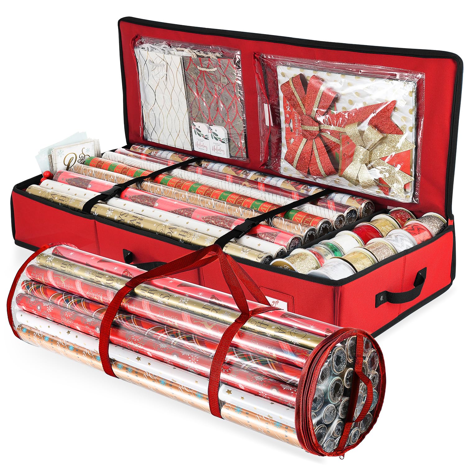 Hearth &amp; Harbor Wrapping Paper Storage Container and Clear Wrap Paper Holder - Christmas Storage Bag with Interior Pockets - Fits Up to 36 Rolls of 40" - Tear Proof, Red