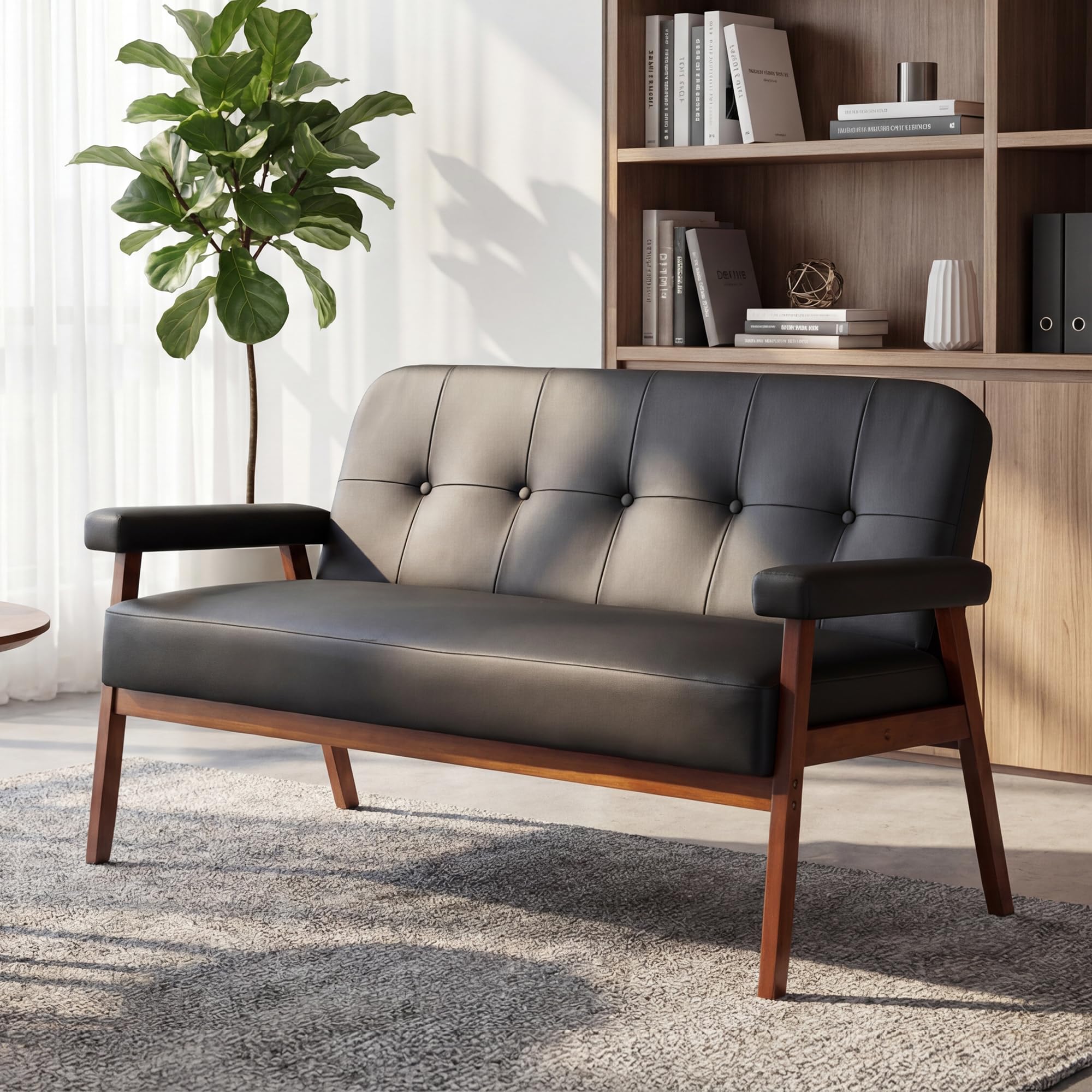STHOUYN 50 W Black Faux Leather Small Office Couch Loveseat Sofa with Wood Arms Mid Century Modern Love