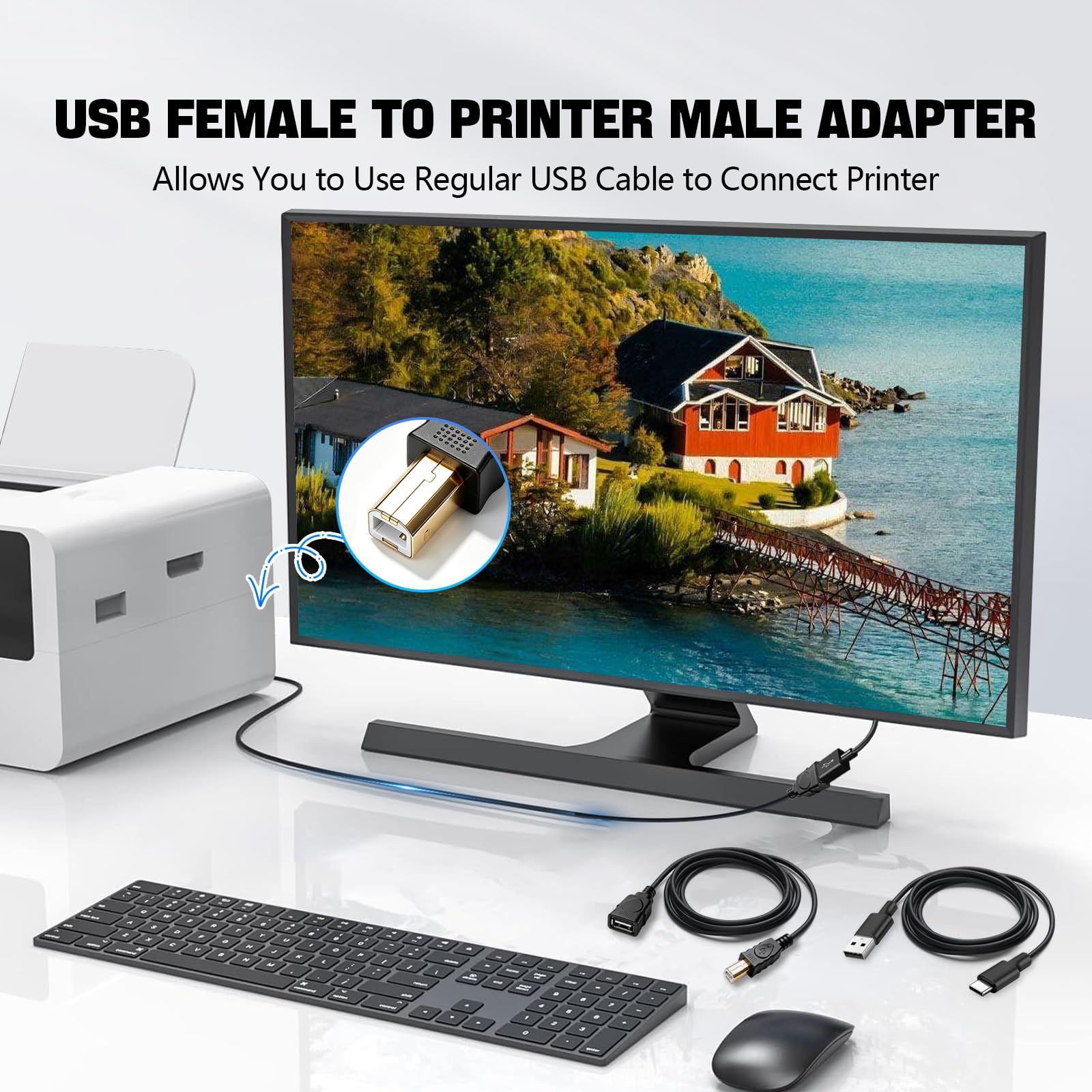 Herfair Câble convertisseur USB 2.0 A femelle vers B mâle pour imprimante USB de type A vers type B, 1,8 m