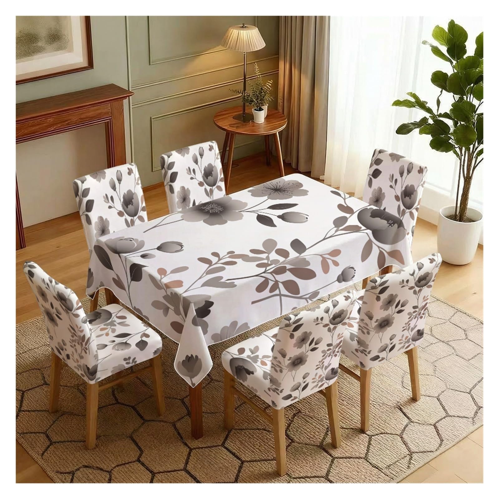 KXUAUV Minimalist Brown Grey Sketch Floral Dining Tablecloth & Chair Covers Set, 5/7 Piece Neutral Elegant Modern Farmhouse Dining Home Decor Party Decor(7pcs Set: Tablecloth+Chair Covers)