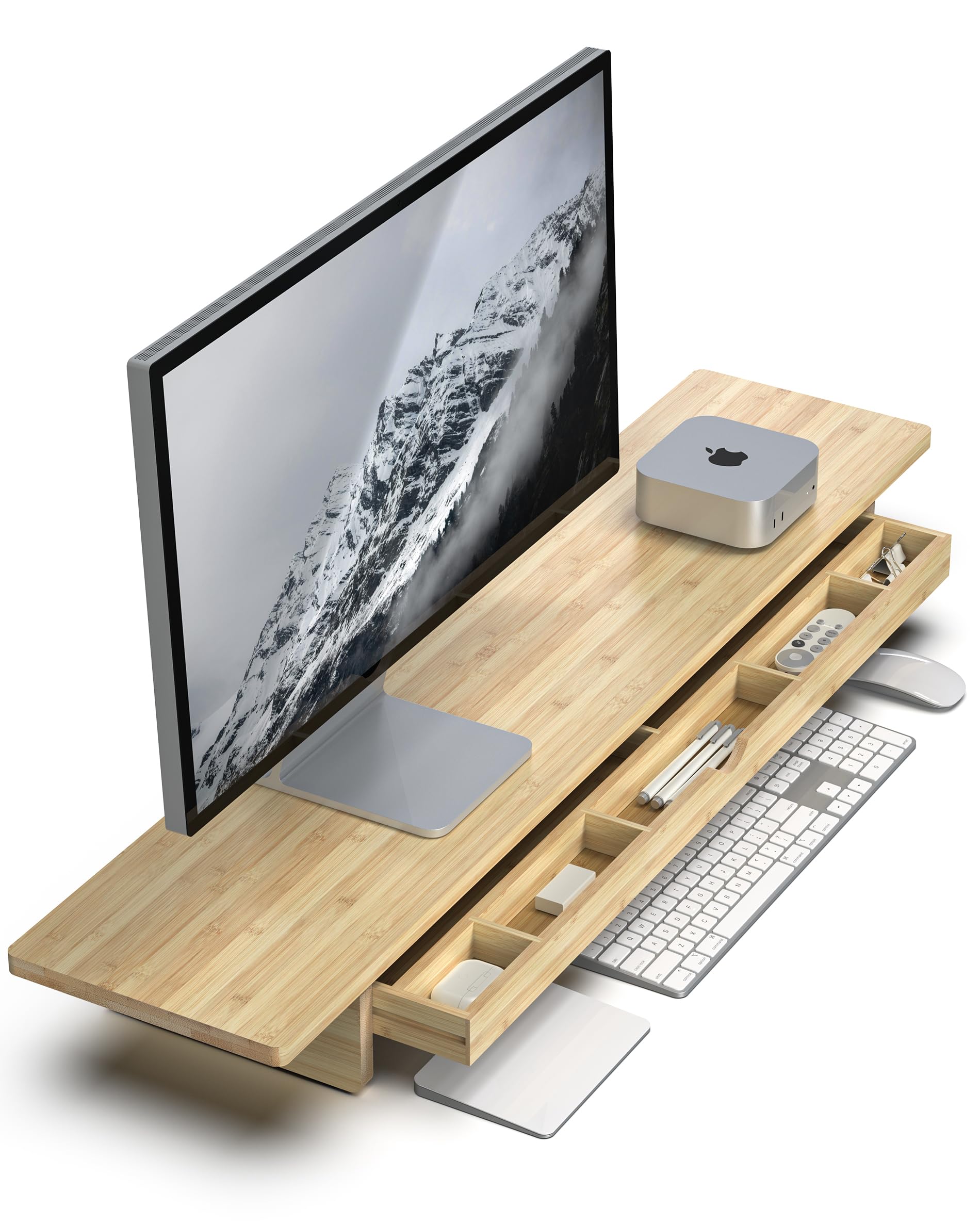 WELL WENG Bambus Monitorständer mit groß Schublade Bildschirmständer , 107x23,5x11 cm,Monitorerhöhung ergonomischer Bildschirmerhöhung schreibtisch mit Platz für die Tastatur, Naturbambus
