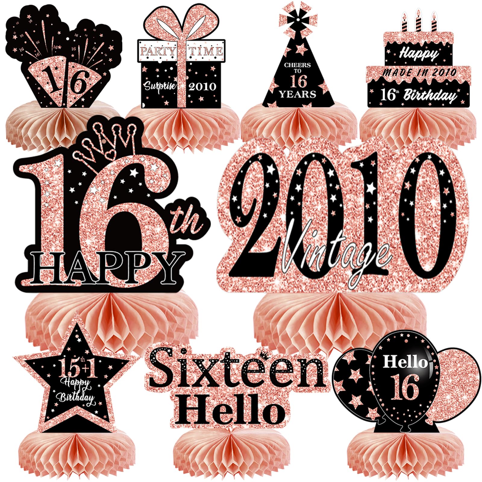 9Pcs Rose Gold Sweet 16 Birthday Decorations Honeycomb Centerpieces for Girls,Pink Happy 16th Birthday Centerpieces Tables Toppers Party Decorations