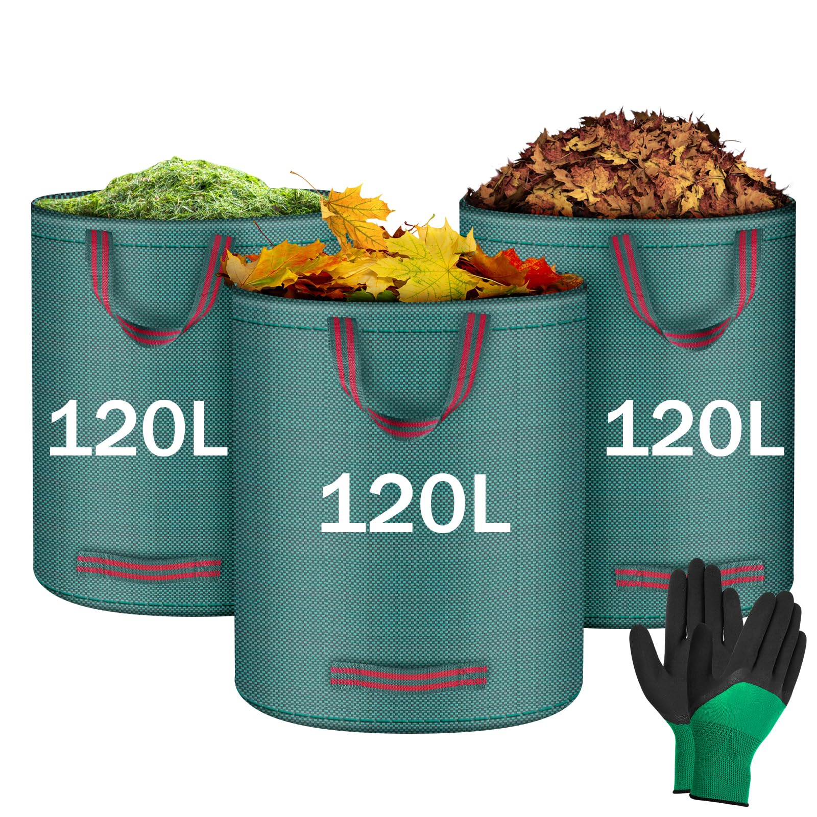 Flintronic 3x120L Bolsas para Desechos de Jardin, bolsa de Jardín Plegable con Asas de Transporte, Bolsa de Basura Reutilizables, Grandes bolsa de basura con Guantes