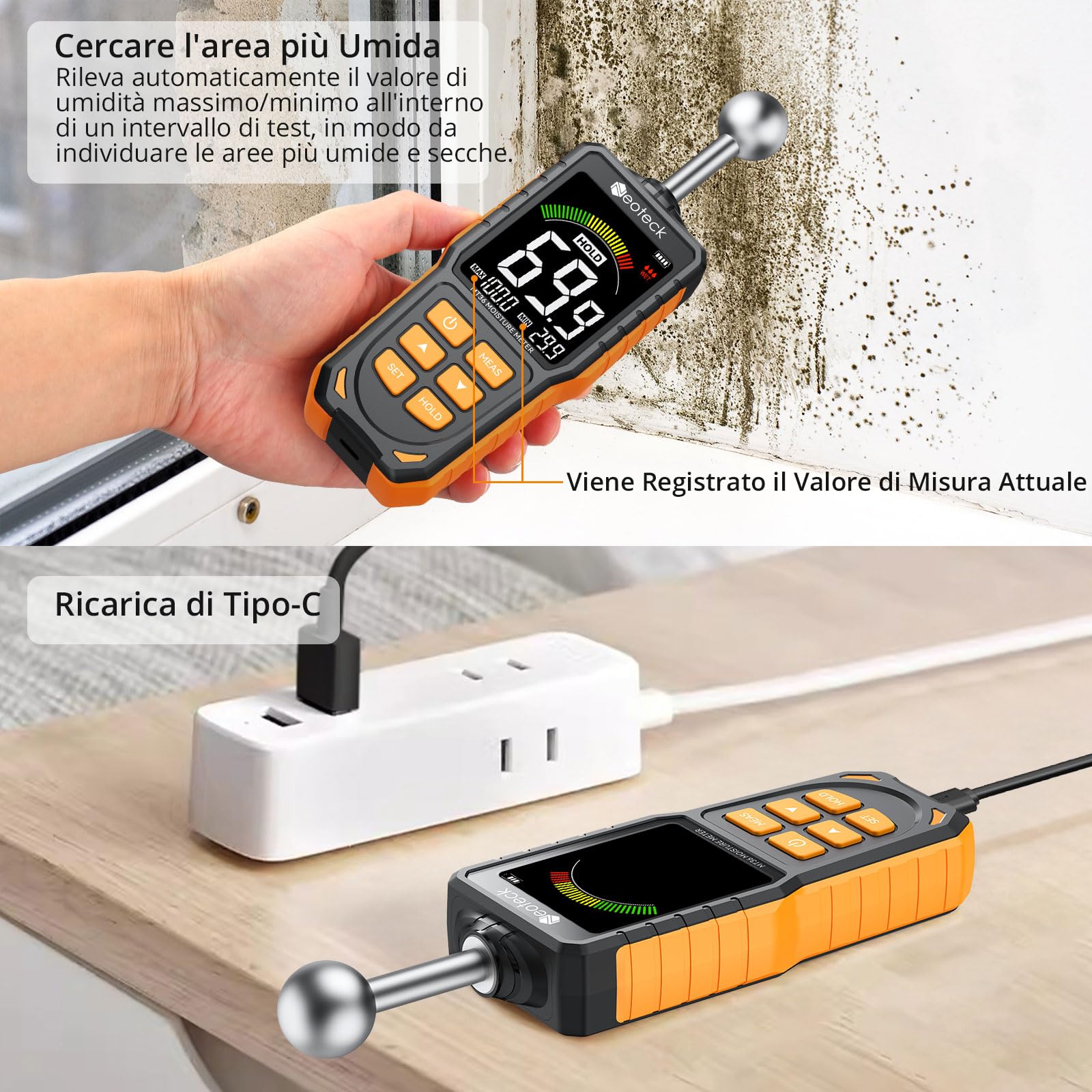 Neoteck Misuratore di Umidità Legno Ricaricabile, 5-40 mm di Profondità di Analisi Misuratore di Umidità Muri con Sonda con Schermo a Colori LCD e Allarme Umidità per Legno Intonaco Cemento Gesso