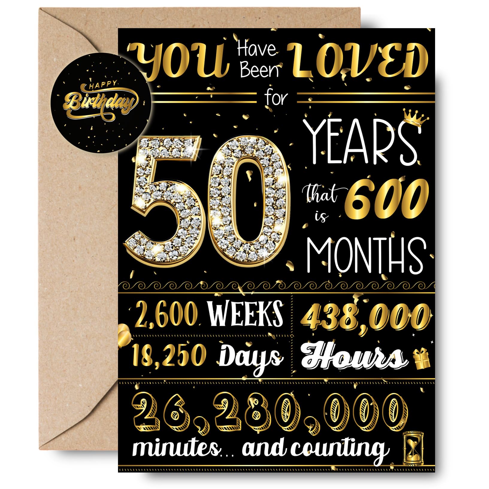 Wonkali 50th Birthday Gifts for Her, Him, Happy 50th Birthday Greeting Card Decorations for 50 Year Old Women (Black and Golden)