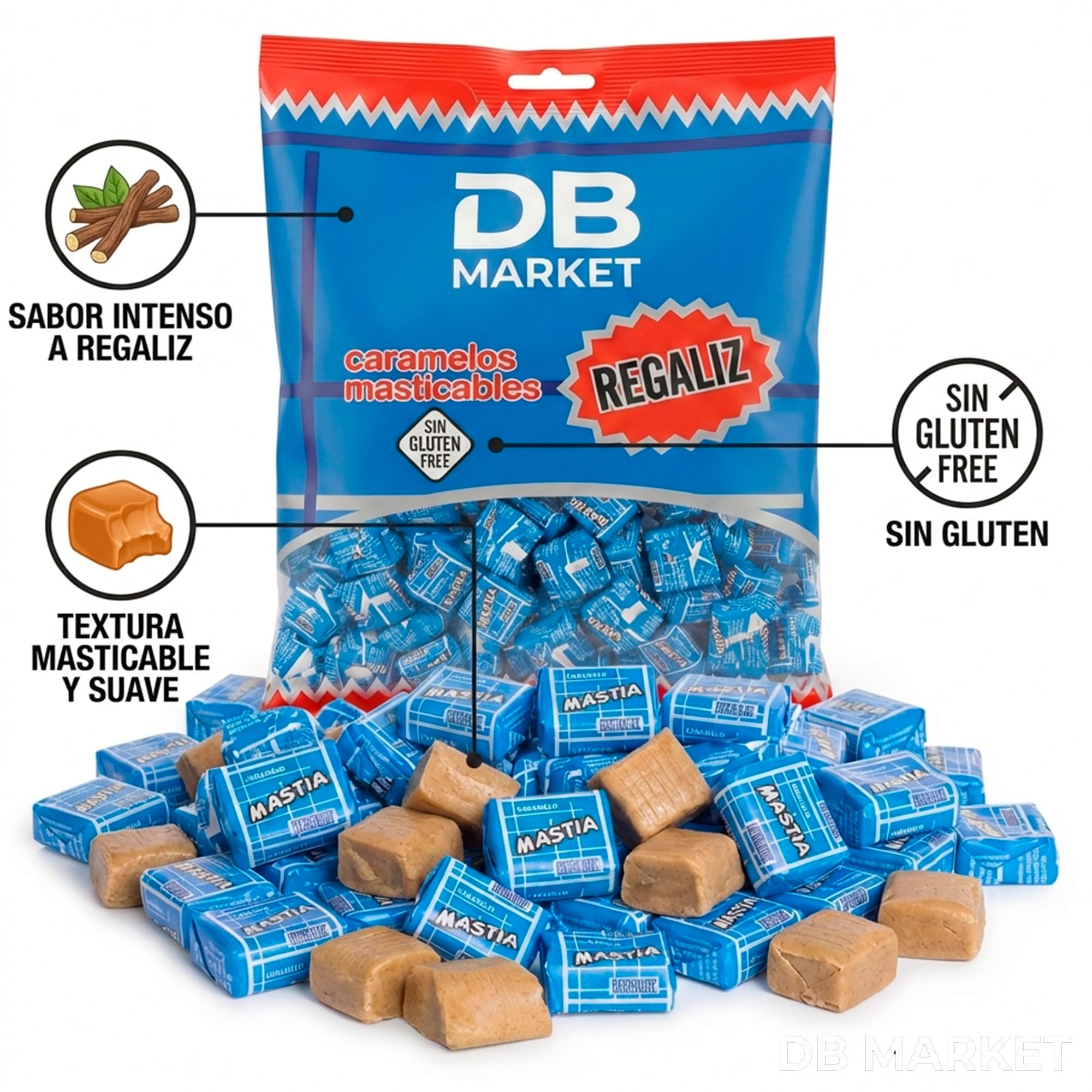 Caramelos Masticables de Regaliz 1Kg - Sin Gluten, Sin Lactosa, Sin Colorantes - Textura Suave y Cremosa