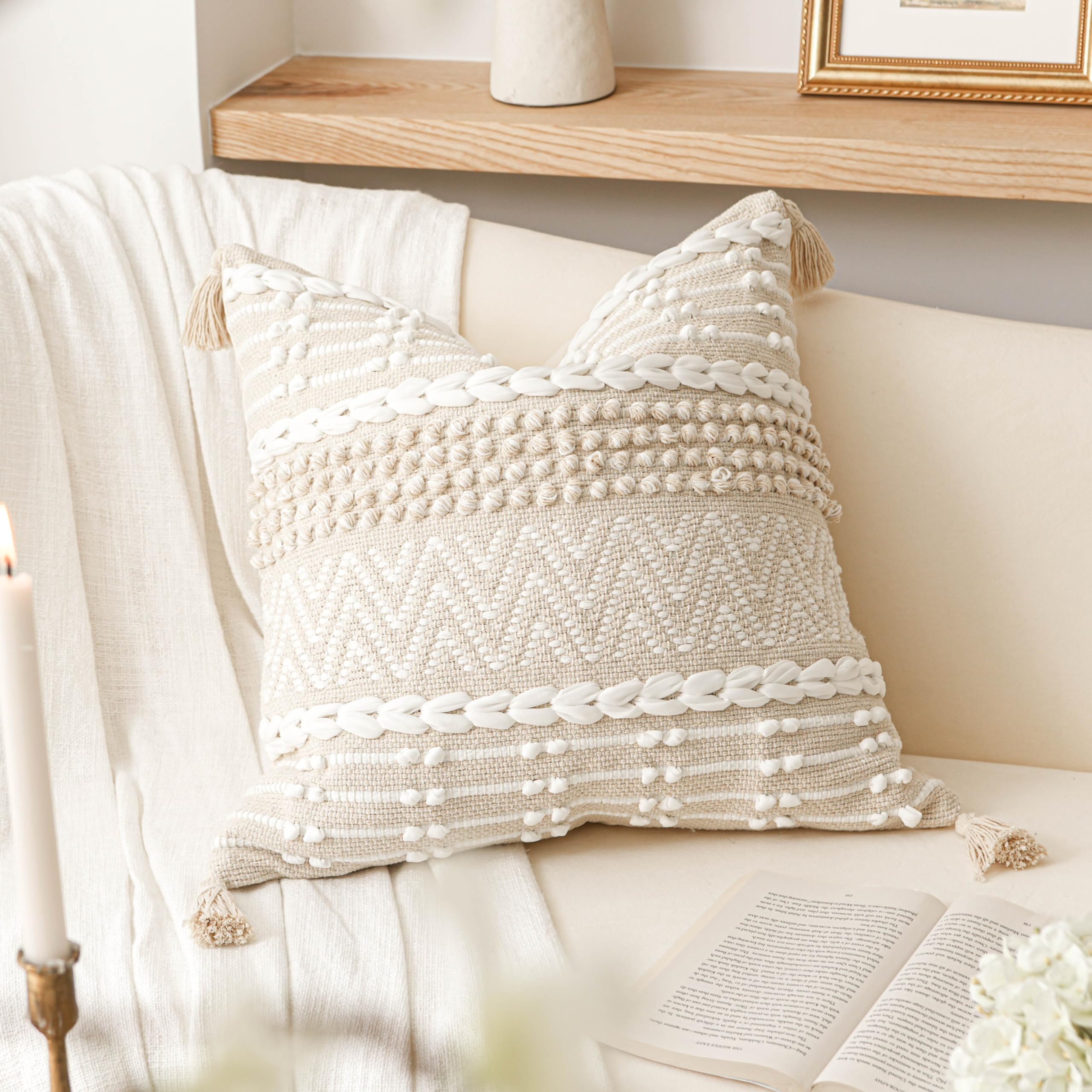 Blissblush Women's Cream White Boho Throw Pillow Cover 22X22, Large Decorative Accent Pillow For Couch, Square Woven Textured Pillowcase, Modern Boho Pillow For Bed, Bohemian Pillow Cover, (Pack Of 1)