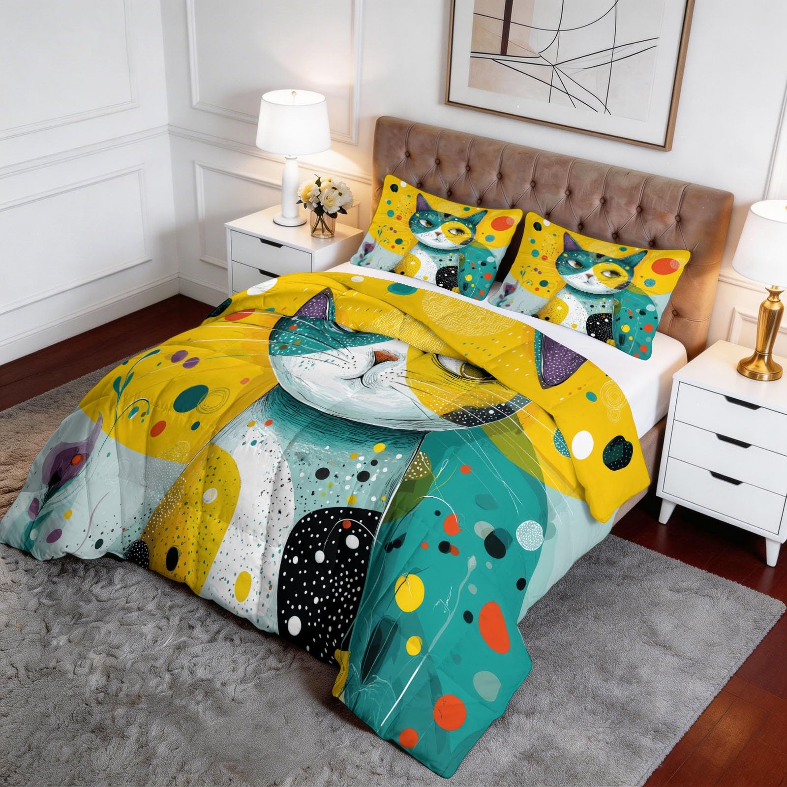 Generisch Bunte Katzen Punkte Bettdecke 155 x 220 cm 4 Jahreszeiten Steppdecke, Pop-Art Waschbare Ganzjahresdecke Schüler Jugendliche Bettwaren Set Kinderzimmer Mädchenwohnheim Bettdecke Ohne Bezug