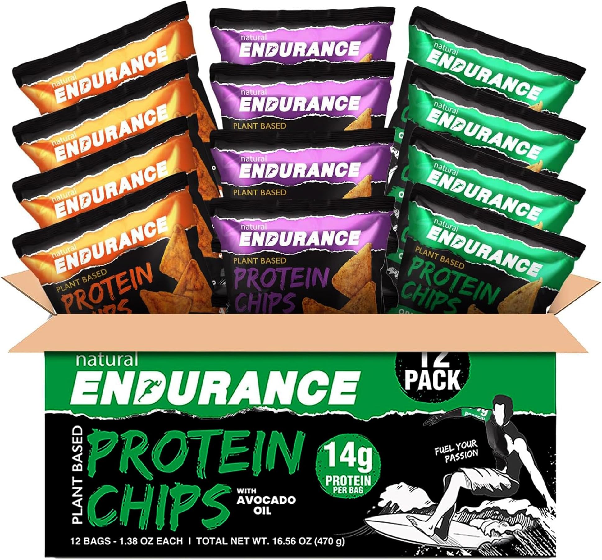 Natural Endurance Protein Chips - Nacho Chips, Low Carb Chips, High Protein Snack, Vegan Protein with Avocado Oil, 14g Protein Per Bag, Gluten Free - Nacho Flavor, 1.38 oz Bags (Pack of 12)