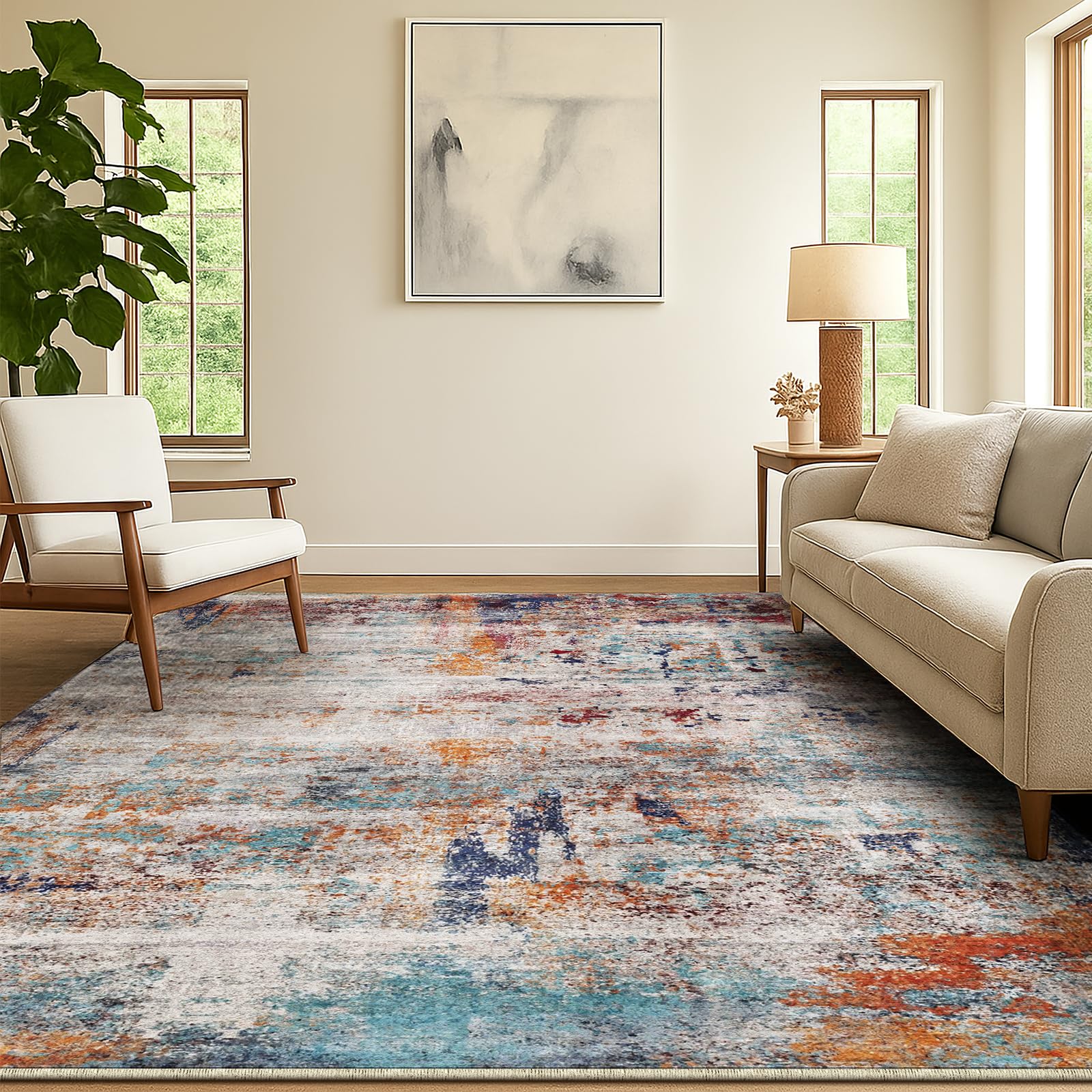 SOANNY Living Room Rug, 120x170 cm Modern Abstract Low Pile Area Carpet, Non-Slip Washable Mat for Bedroom, Hallway, Kitchen, Laundry, Entryway, Utility, Beside Sofa, Office, Neutral Rust Multi