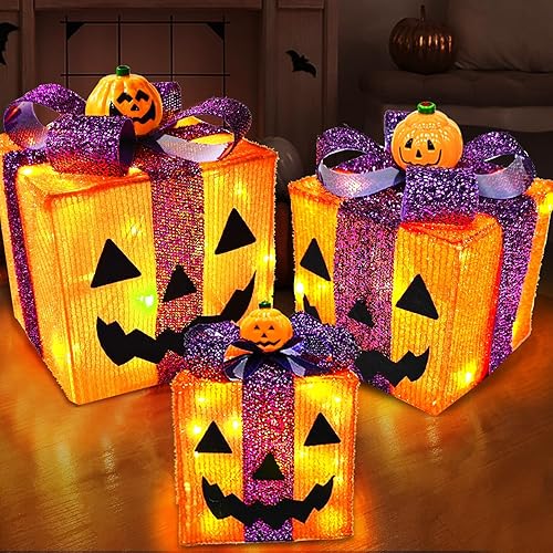 [8 modos y temporizador] Paquete de 3 decoraciones de calabaza de Halloween iluminadas con 60 luces LED, caja de regalo de linterna Jack-O-Lantern