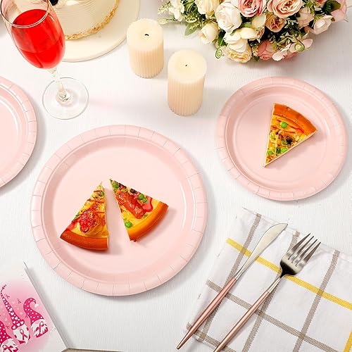 Miniatura 6 de Wesiti 100 platos de papel rosa a granel de 7 pulgadas 9 pulgadas, platos redondos de color rosa desechables para ensalada de postre rosa,