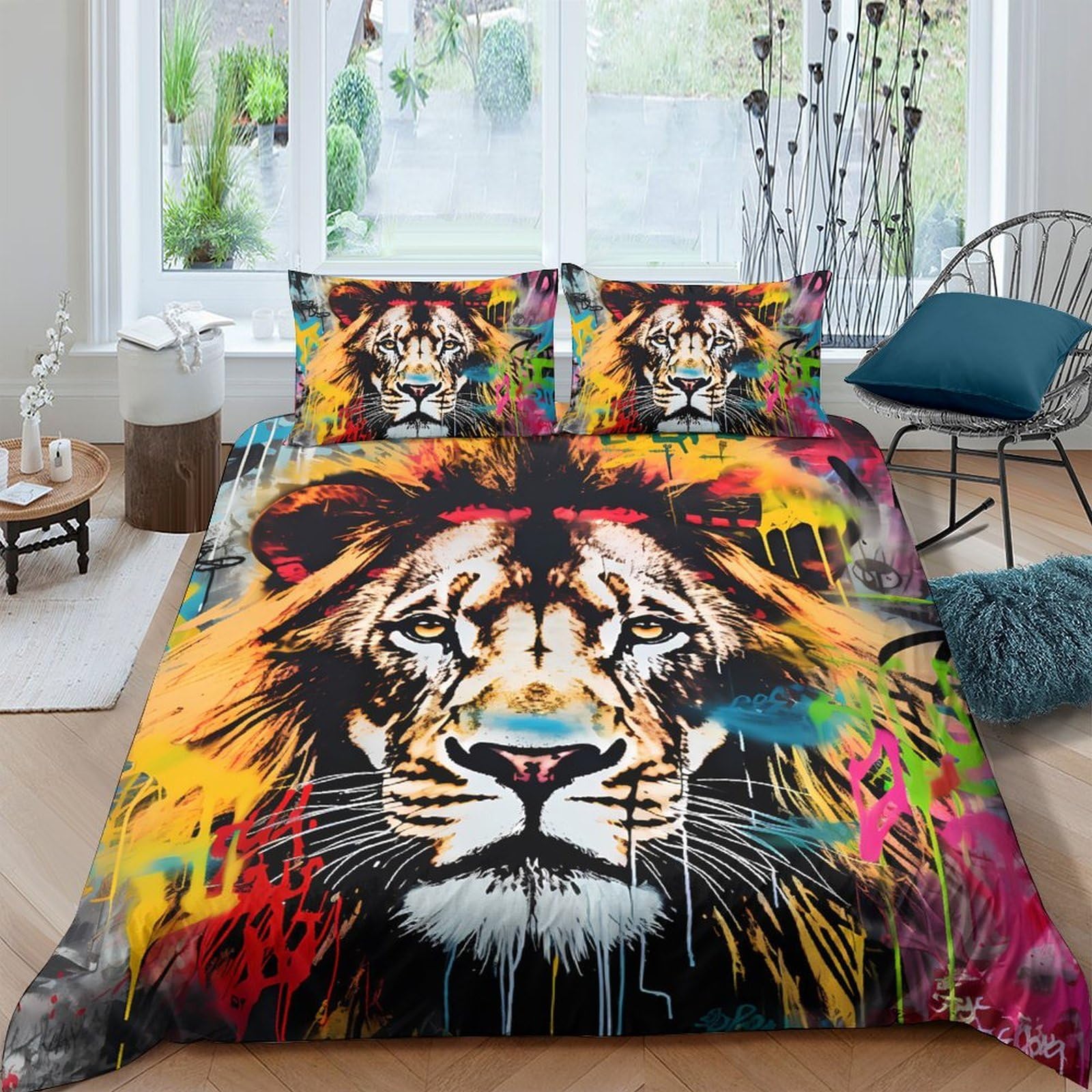 3D Printed Colorful Lion Duvet Cover Set Microfiber Soft Breathable Wild Art Quilt Cover with 2 Pillowcases for Bedroom Decor Single（135x200cm）