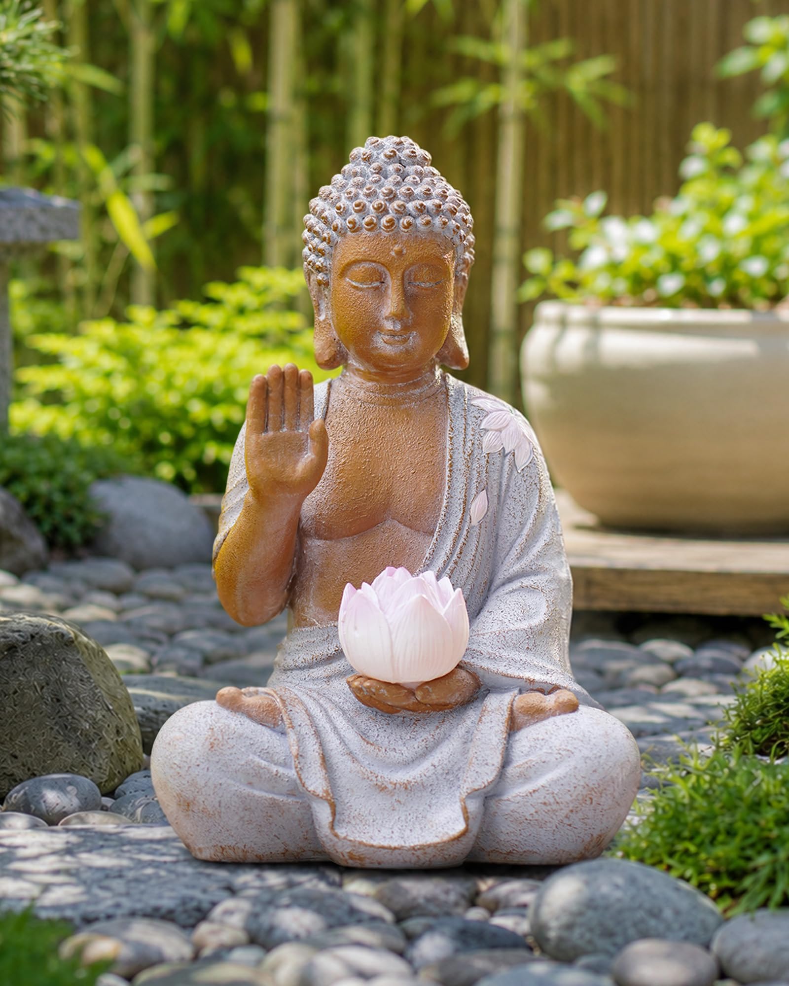 Yeomoo Statue de Bouddha avec LED solaire Lotus Décoration de jardin - Figurine de méditation résistante aux intempéries pour jardin Zen, salon Feng Shui, cadeau spirituel pour femmes, maman, hommes