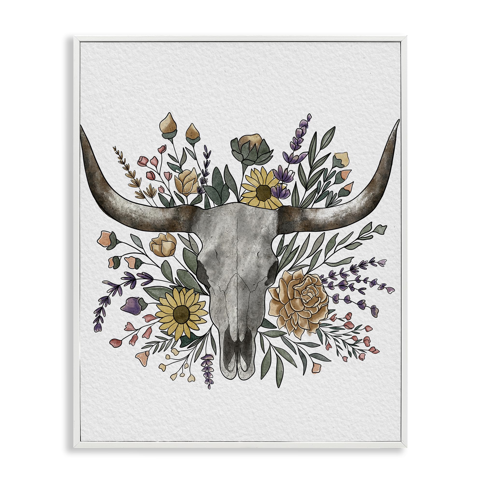 Stupell Industries Coastal White (Textured) 'Boho Wildflower Longhorn'| Framed Giclee Art