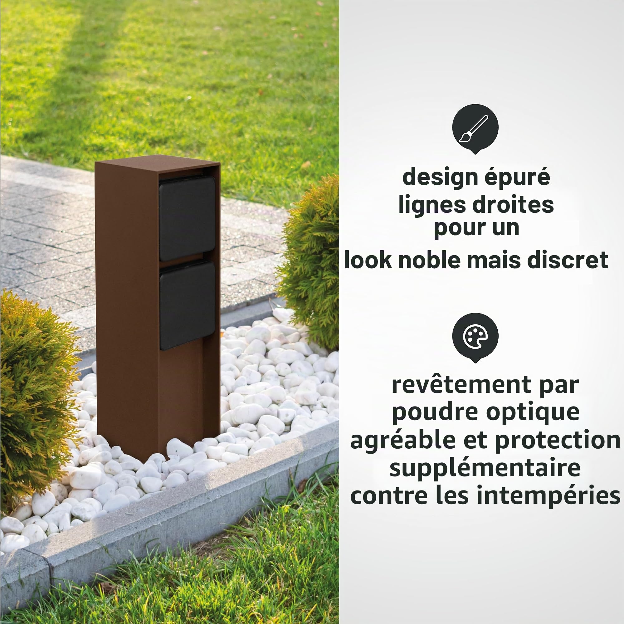 LED Universum - Prise extérieure « ADAM », marron rouille avec couvercles noirs, 2 emplacements, acier inoxydable revêtu par pulvérisation, câblée pour connecter des outils de jardin ou des