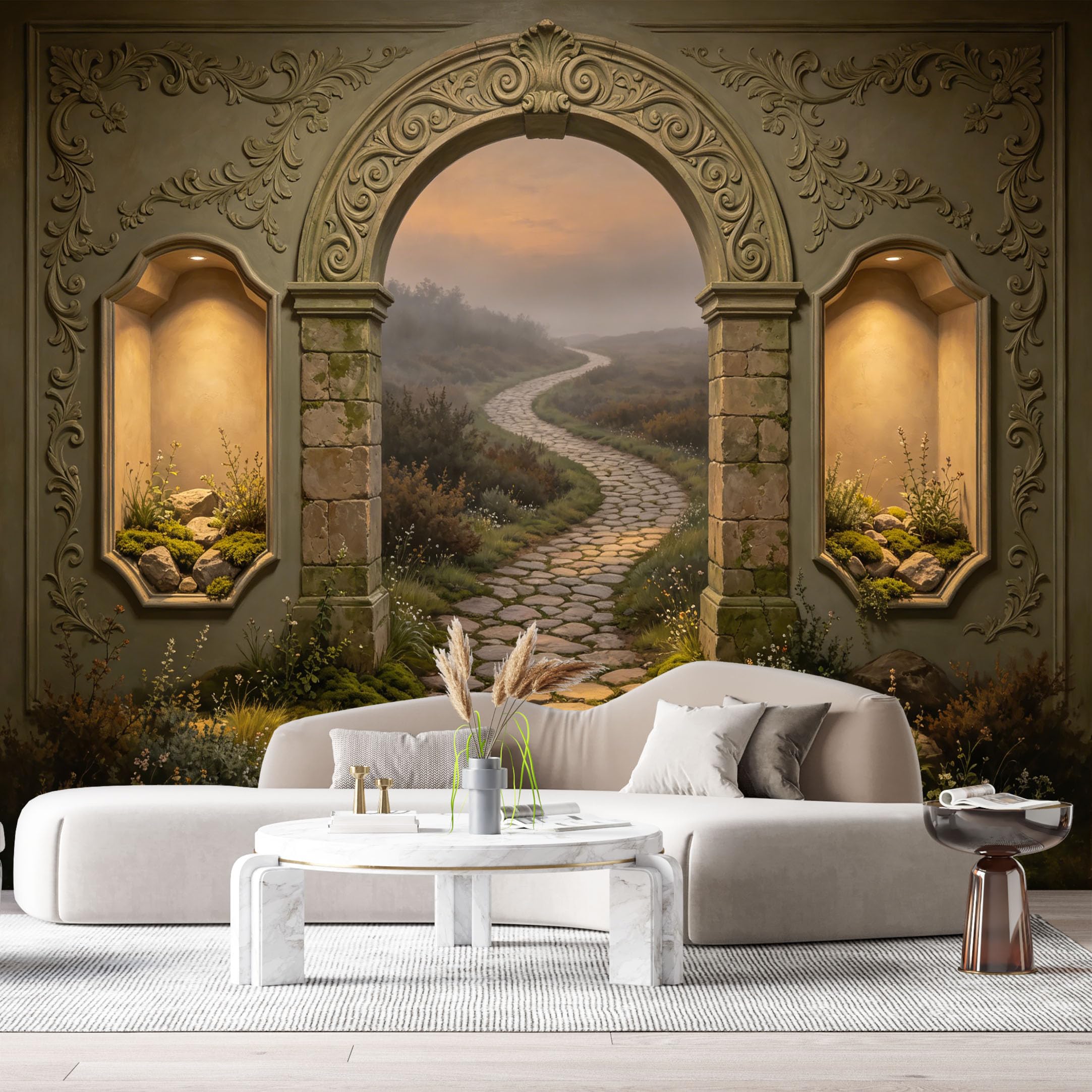 Custom Size Wall Murals Stone Archway Magical Twilight Landscape 3D Trompe L'Oeil SelfAdhesiveWall Fabric Removable Wallpaper Wall Decor for Living Room Bedroom Bathroom