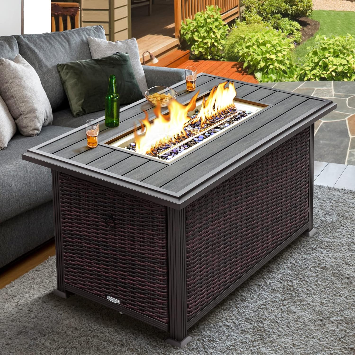 NOBLEMOOD Outdoor Fire Pit Table with Propane Tank Holder