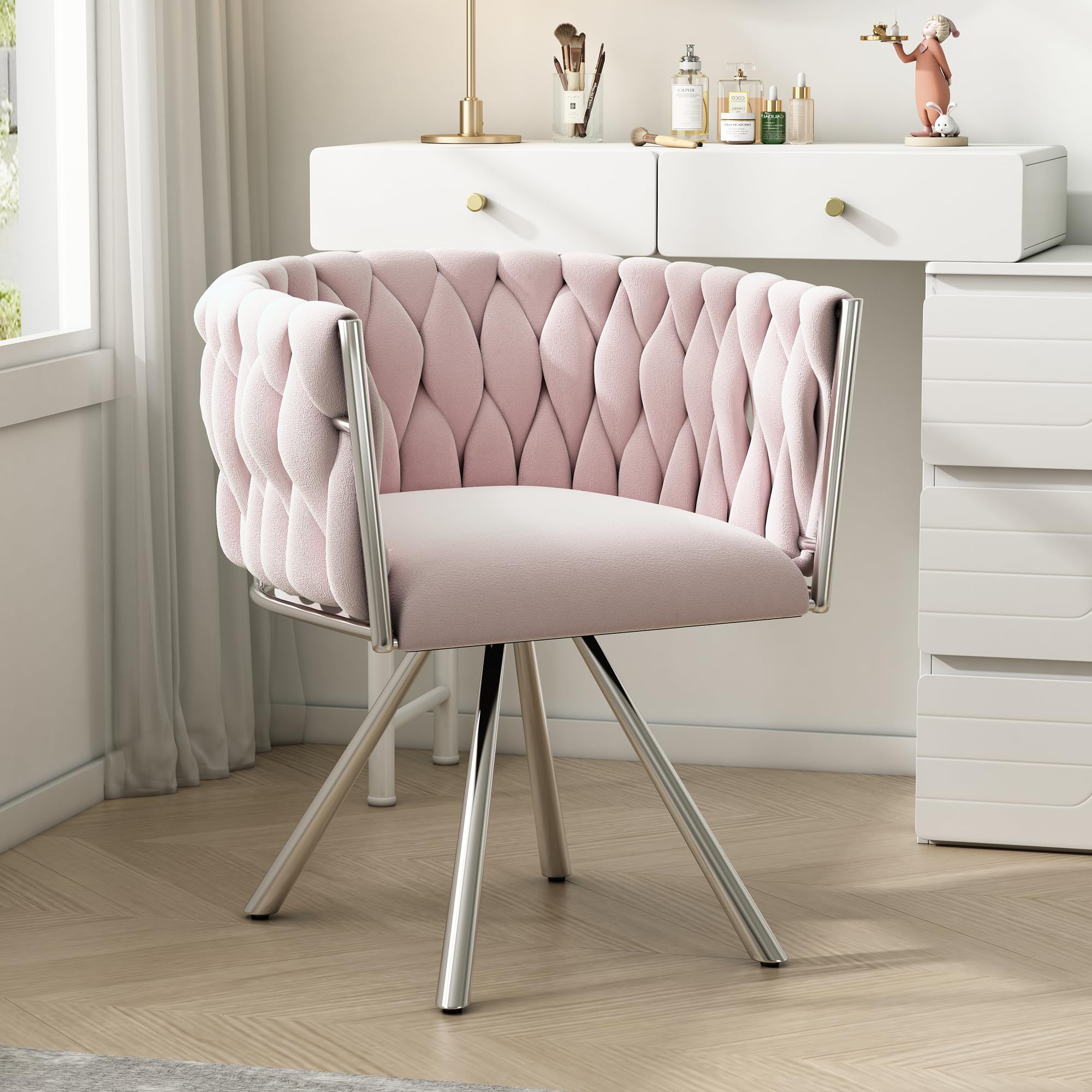 KAZZIO Sedia da trucco in velluto, 1 pezzo, singola sedia girevole per camera da letto, per il tempo libero, quattro gambe di supporto in metallo (1, rosa)