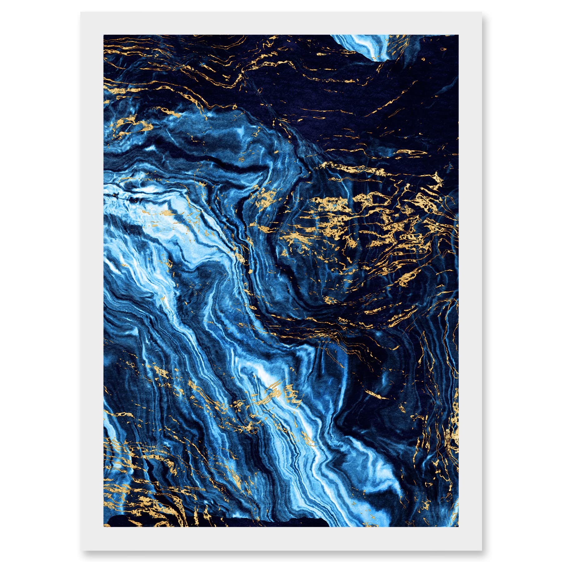 Abstract Dark Blue Gold Pour Watercolour Modern Framed A4 Wall Art Print