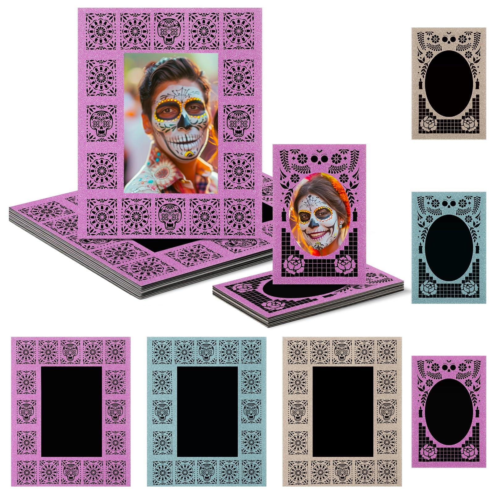 Feifeiya 12 Pcs Day of the Dead Paper Picture Frames Dia De Los Muertos Altar Ofrenda Decorations Papel Picado Frame Mats Glitter Card Stock Frames Photo Decoration for 4 x 6 and 2.5 x 3.5inch Inserts-image-25