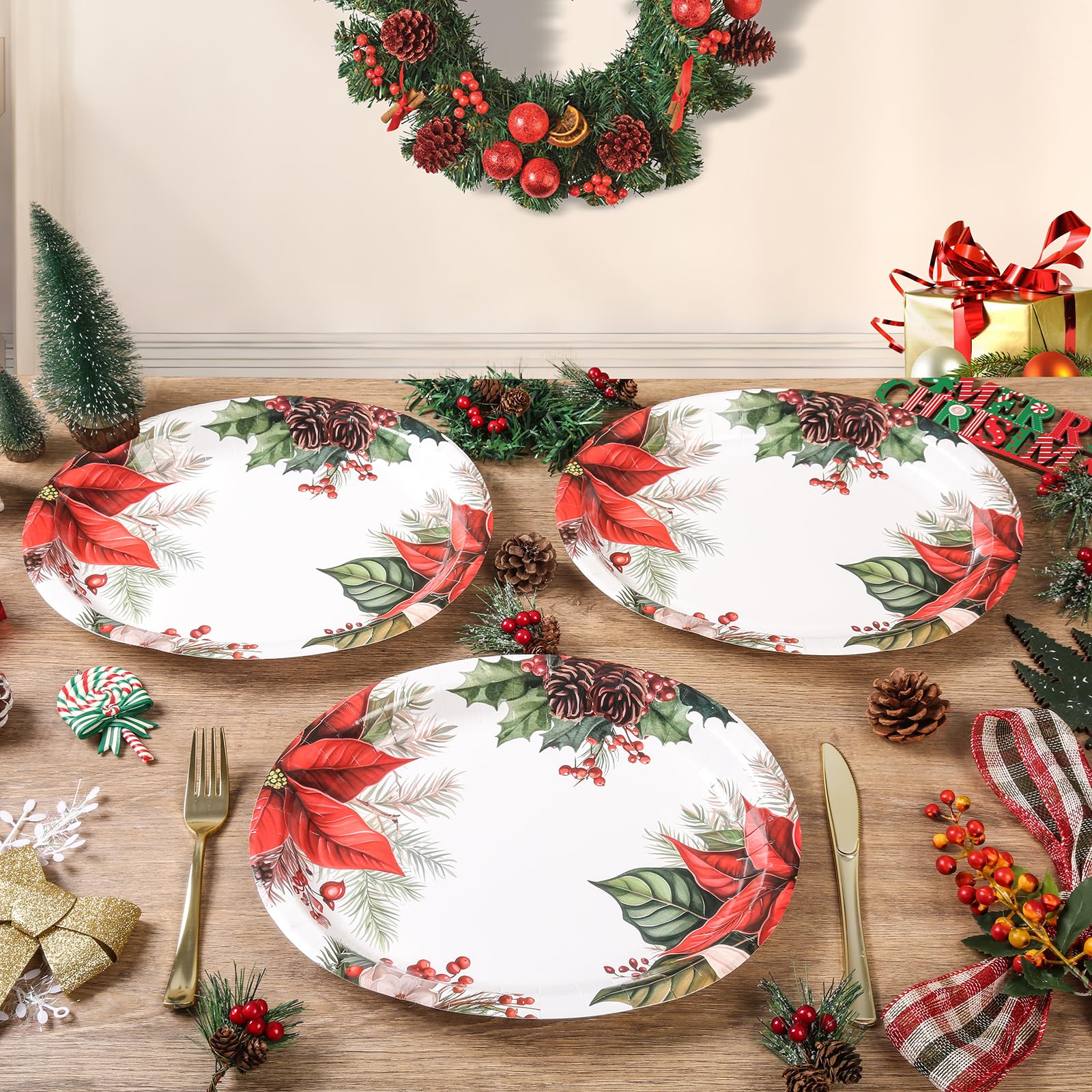 Juego de vajilla ovalada de Pascua de Navidad para 25 invitados, platos y servilletas desechables de papel floral rojo de Navidad, 50 piezas