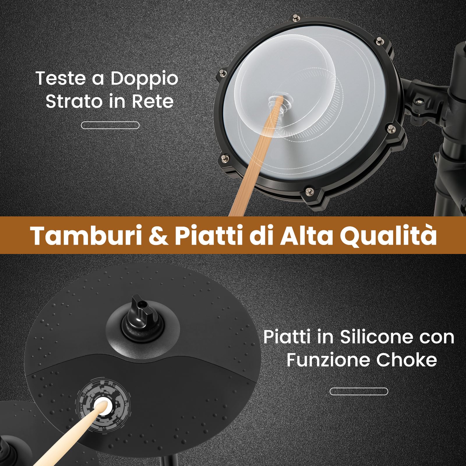 COSTWAY Set di Batteria Elettrica a 8 Pezzi, con 3 Piatti, 5 Pad a Rete, 2 Pedali, 225 Suoni e 30 Demo, Batteria Musicale Pieghevole per Principianti con Sgabello Regolabile, Bacchette e Cuffie