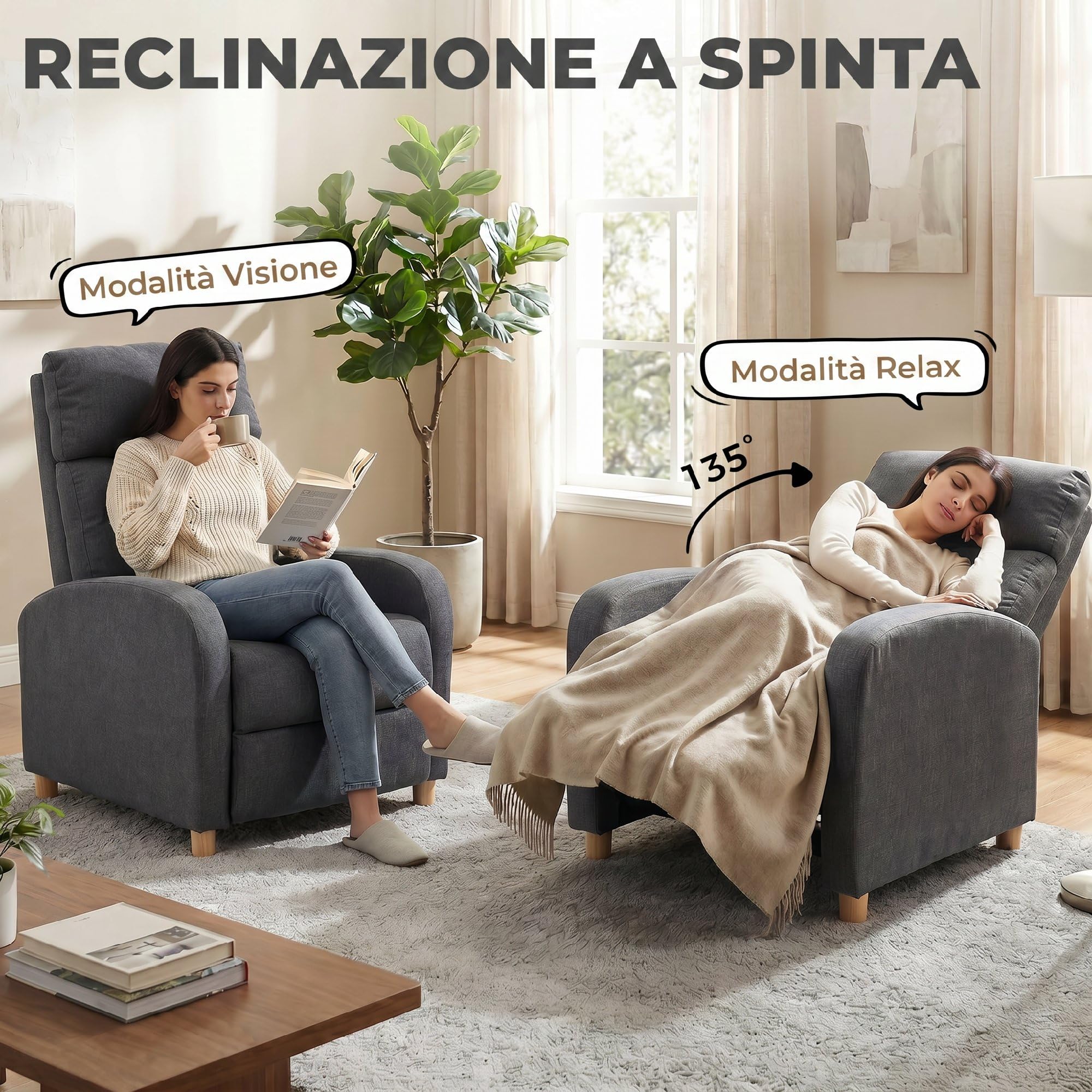 HOMCOM Poltrona Relax Reclinabile Manuale 135° con Poggiapiedi Grigio Scuro | Poltrona Reclinabile Ergonomica, Imbottita in Tessuto Effetto Lino, Gambe in Legno, per Soggiorno e Camera, 67x87x102cm