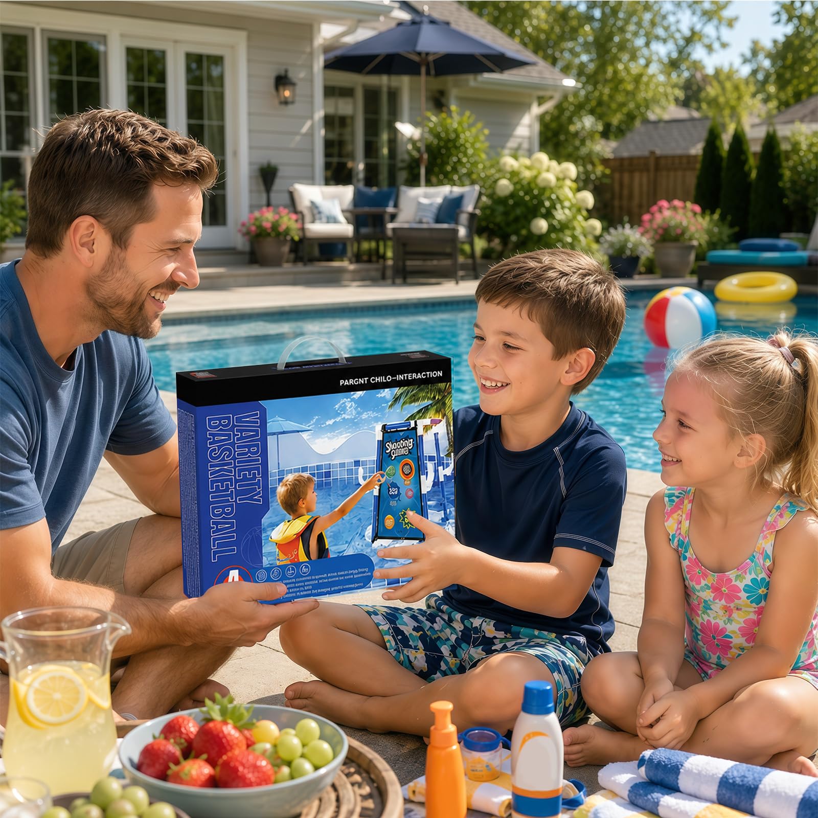 Canasta de baloncesto para piscina 3 en 1 al aire libre, canasta de baloncesto flotante, juguete para piscina con 4 pelotas de baloncesto, 12 bolas de lanzamiento, 12 anillos, juguete de piscina para