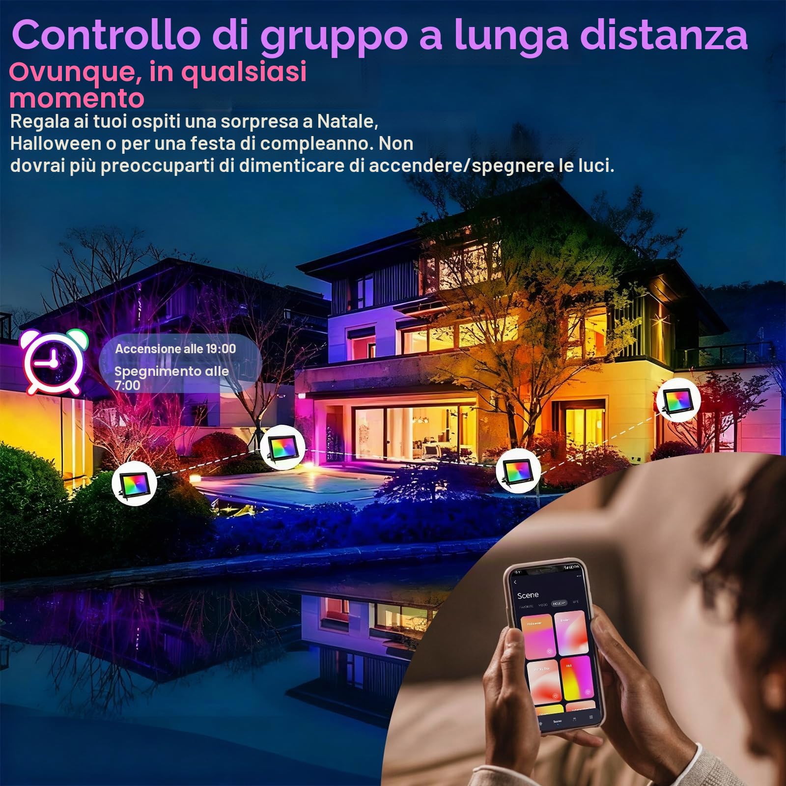 Faretto LED RGB Esterno 50W,Smart Faretti RGBCW Faro LED Cambia Colore/Controllo APP/Dimmerabile/Timer/Sinc Music/IP66 Impermeabile Proiettore Lampada Esterno Per Natale,Halloween,Disco,Festa
