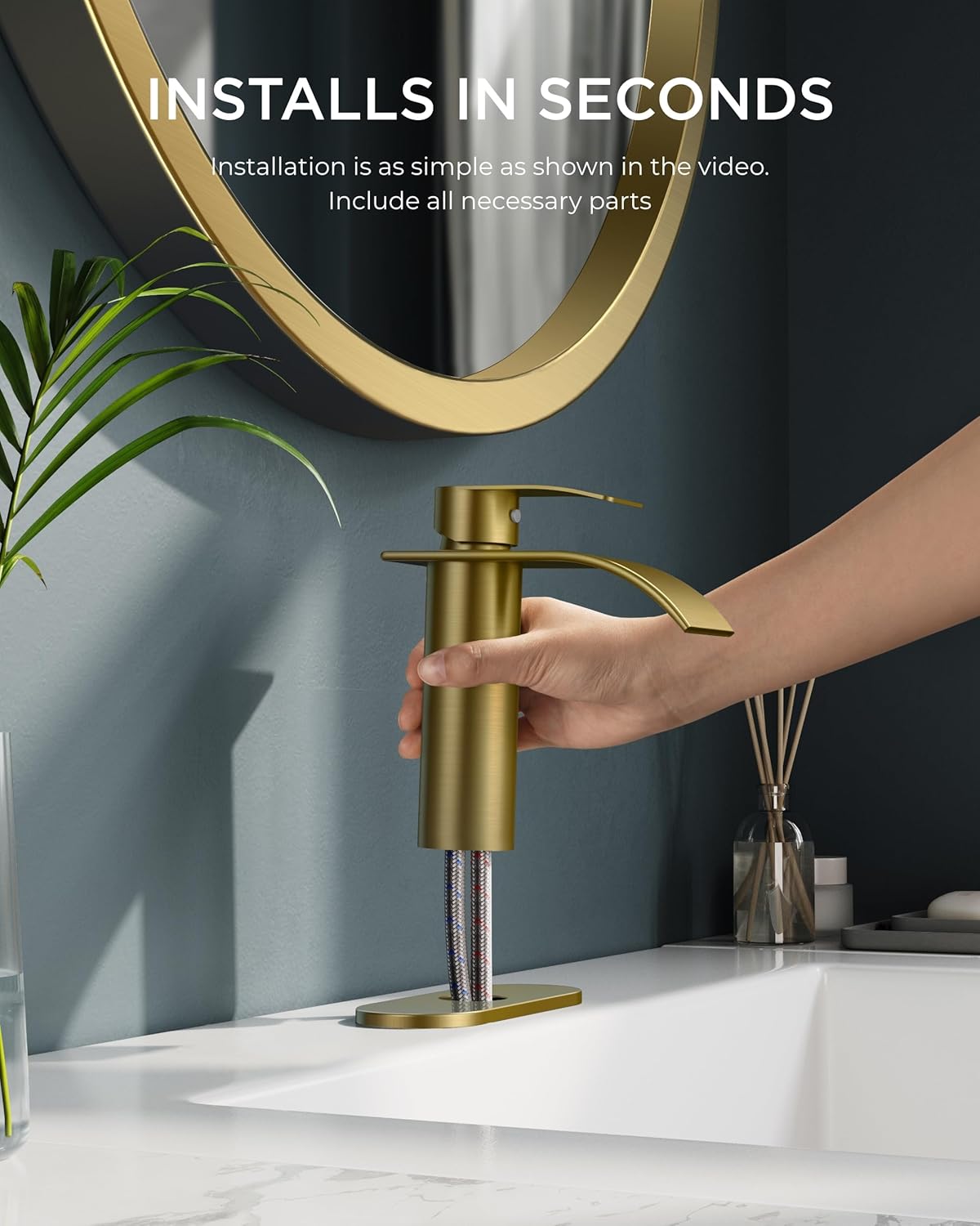 FORIOUS Brushed Gold Bathroom Faucet One Hole, Waterfall Single Handle Bathroom Faucet for 1 or 3 Hole Sink with Pop up Drain, Deck Plate, cUPC Hoses for Vanity, Rv Sink