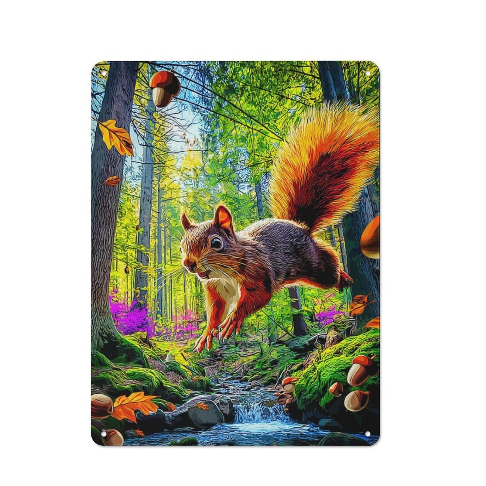 Junmoney Whimsical Forest Squirrel Scene Retro Tin Wall Plaque 40X30cm For Garage Or Workshop, A Metal Wall Feature For Garages And Tool Rooms