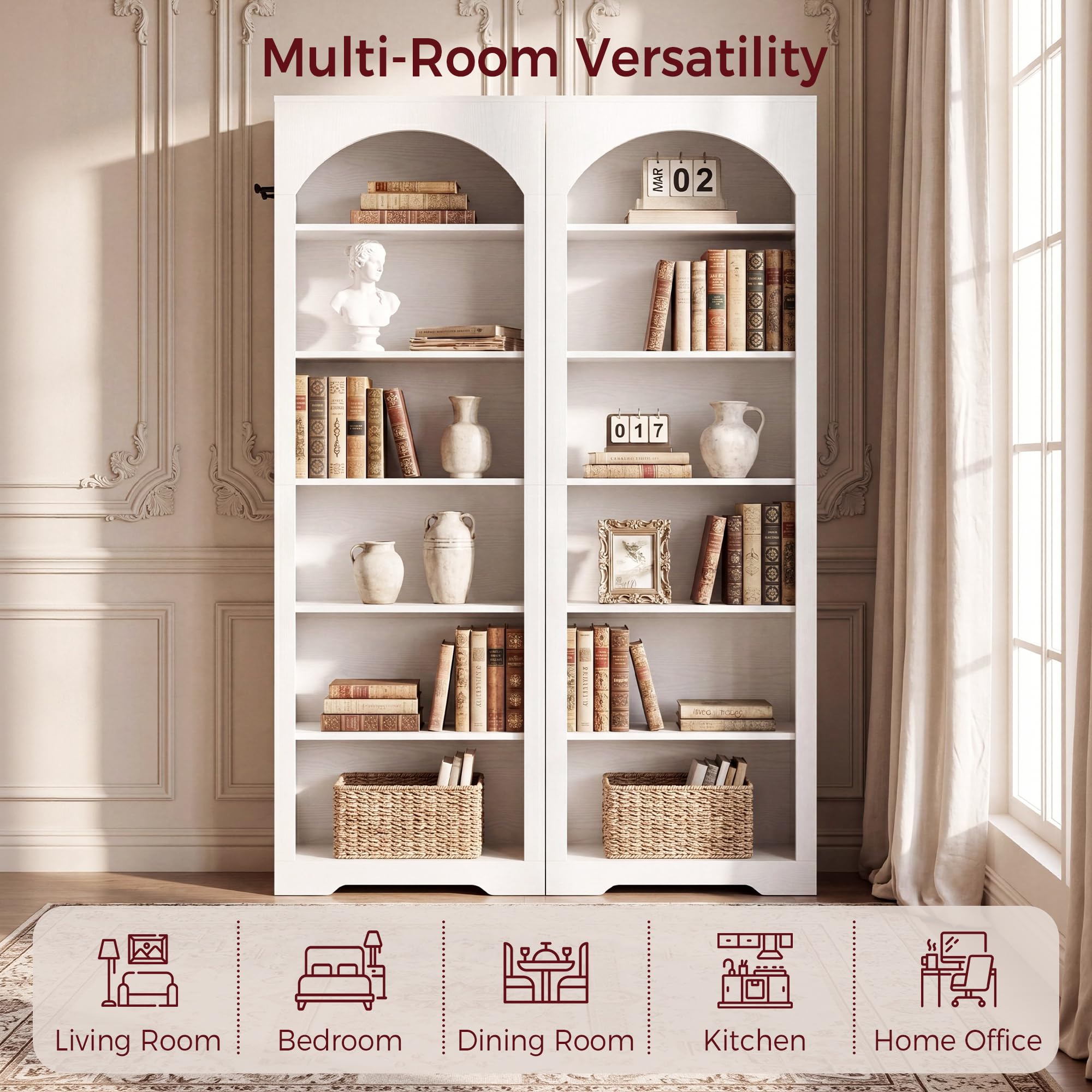 IRONCK Bücherregal 195 cm Extra Hoch, 6 Ebenen Standregal mit Rundbogen, Bücherwand mit 2 Haken, Offenes Aufbewahrungsregal & Display-Regal für Büro, Wohnzimmer & Arbeitszimmer