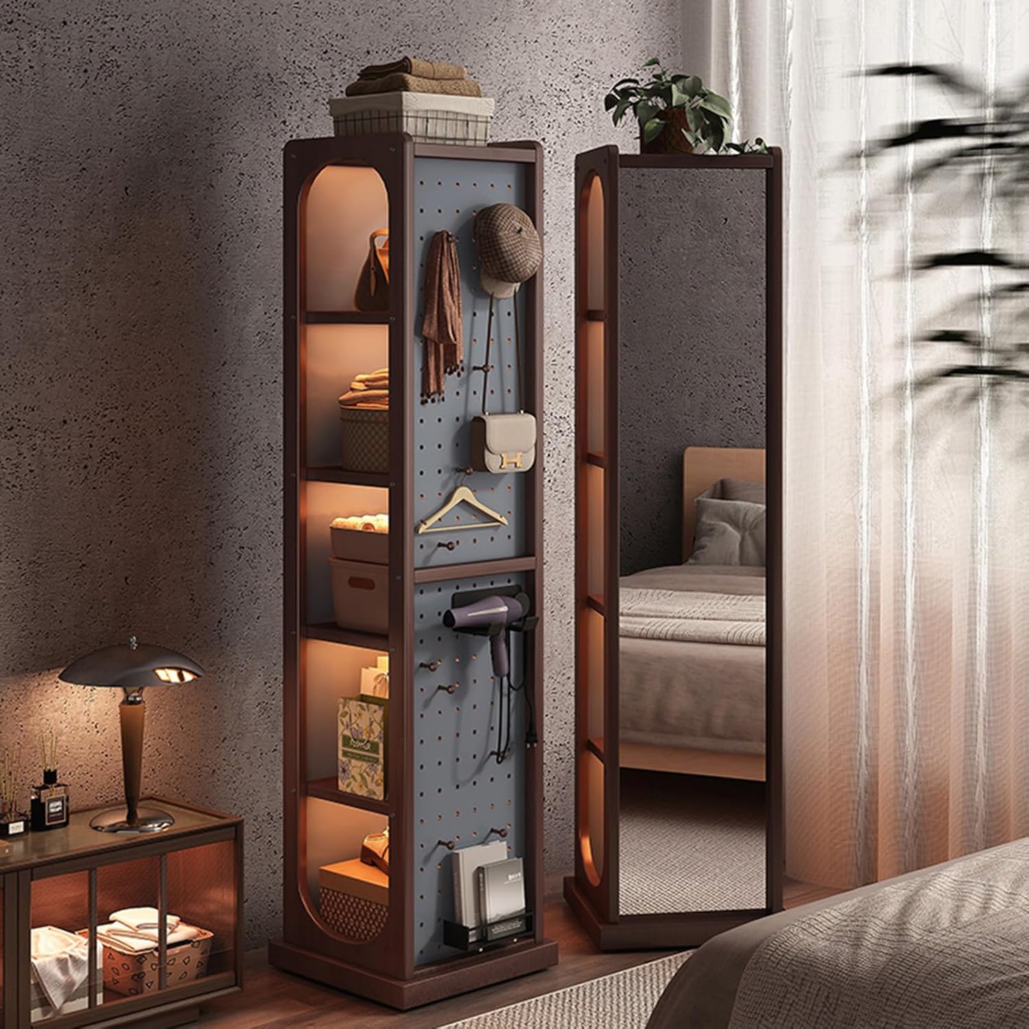 360° Rotating Full-Length Mirror with Storage Shelf – 66.1" Wooden Floor Mirror, HD Shatterproof Glass, Multi-Functional Hooks, Stylish Home Decor, Adjustable Stand